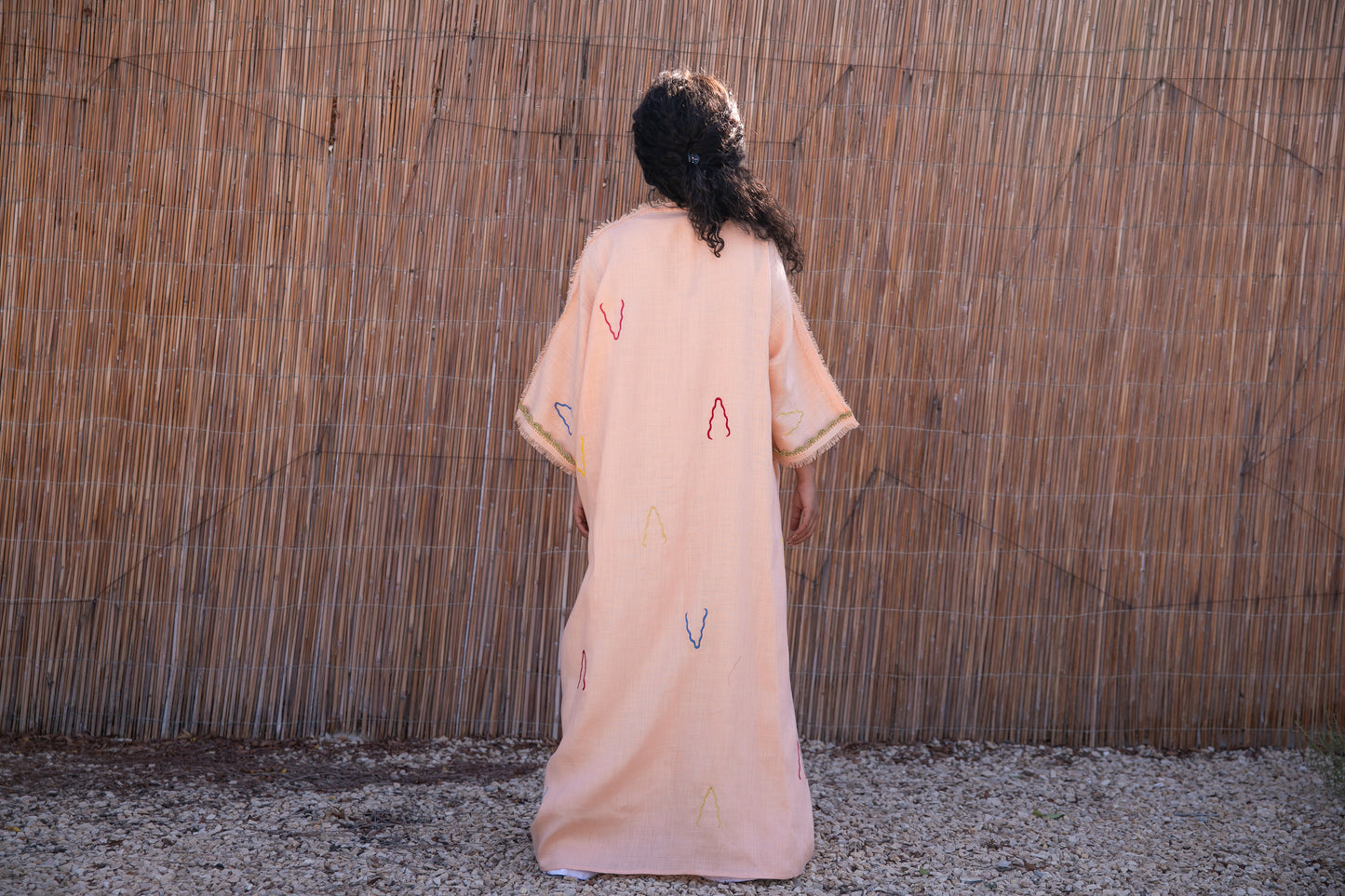 Linen abaya with handmade embroidery and crochet - Light Orange