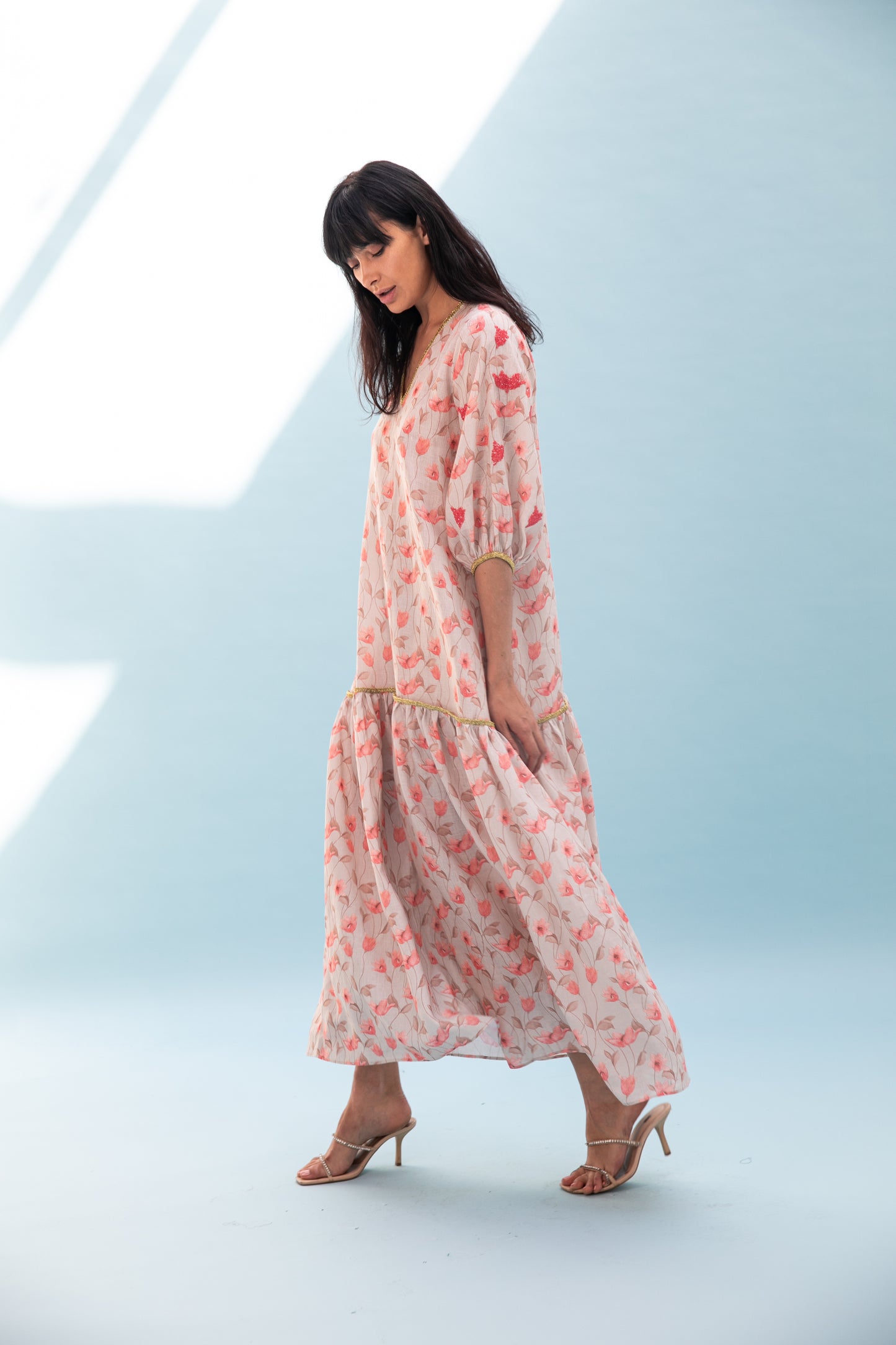 Linen Printed Kaftan with handmade Beads embroidery