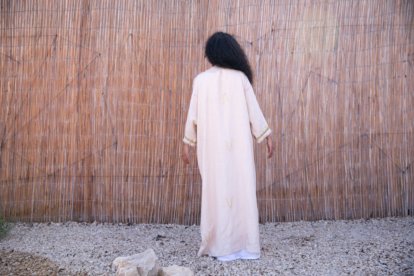 Linen abaya with handmade embroidery and crochet - off white