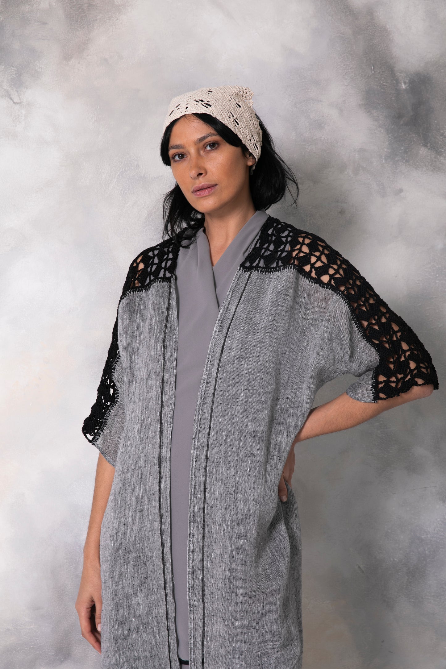 Dark grey linen abaya with handmade crochet