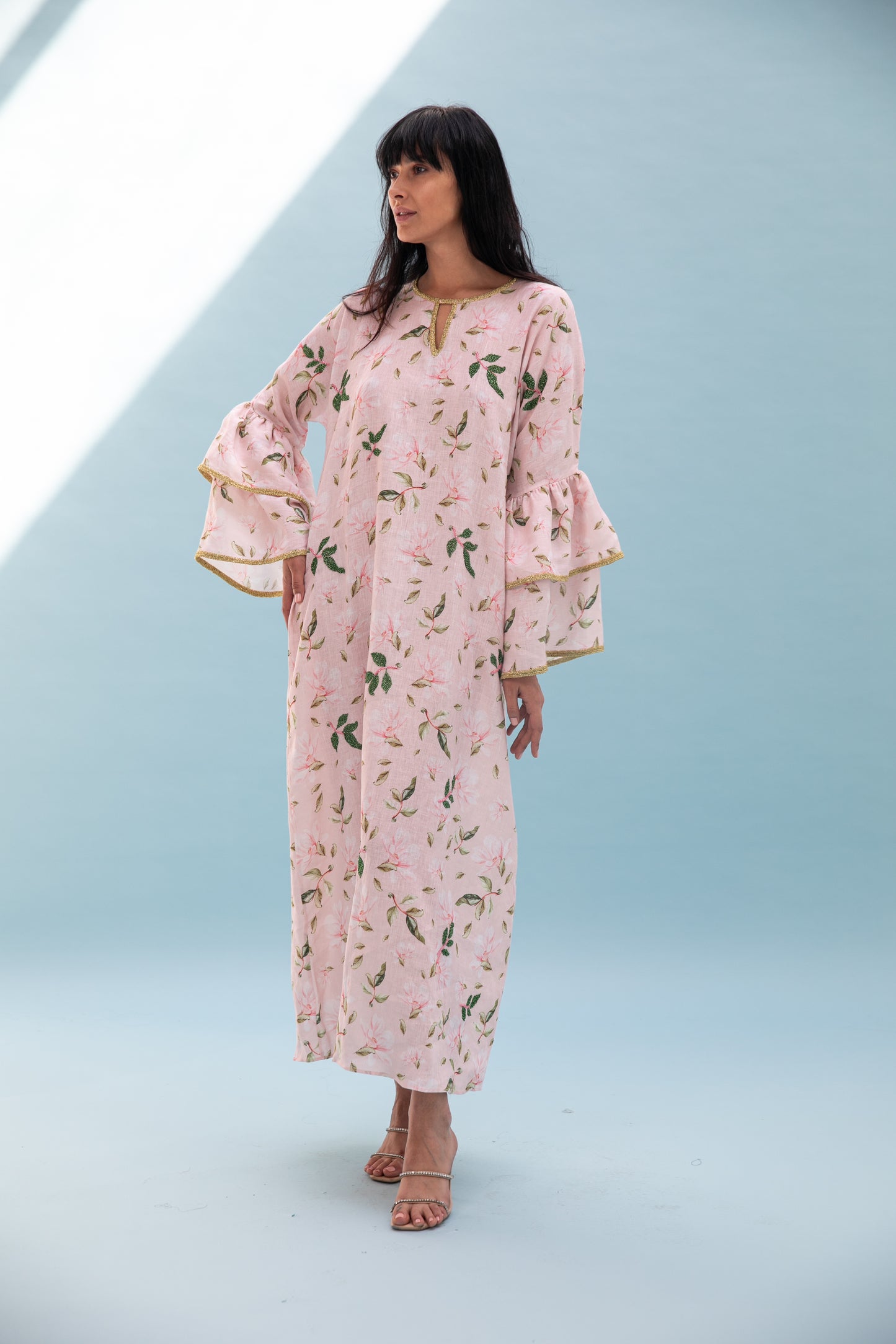 Linen Printed Kaftan with handmade beads embroidery