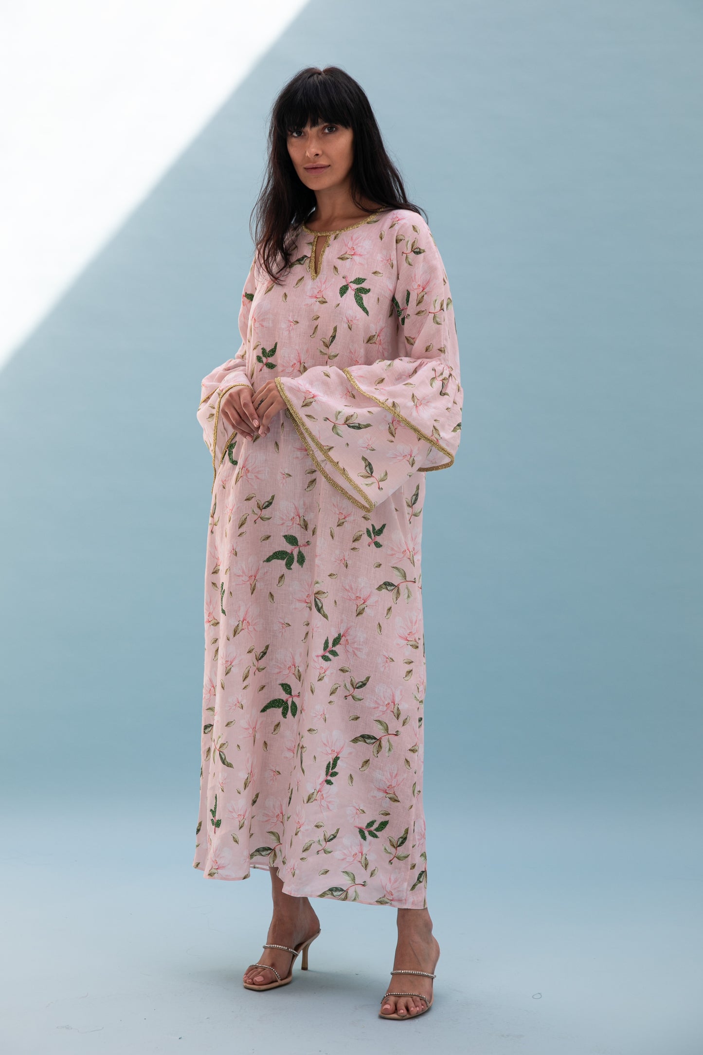 Linen Printed Kaftan with handmade beads embroidery