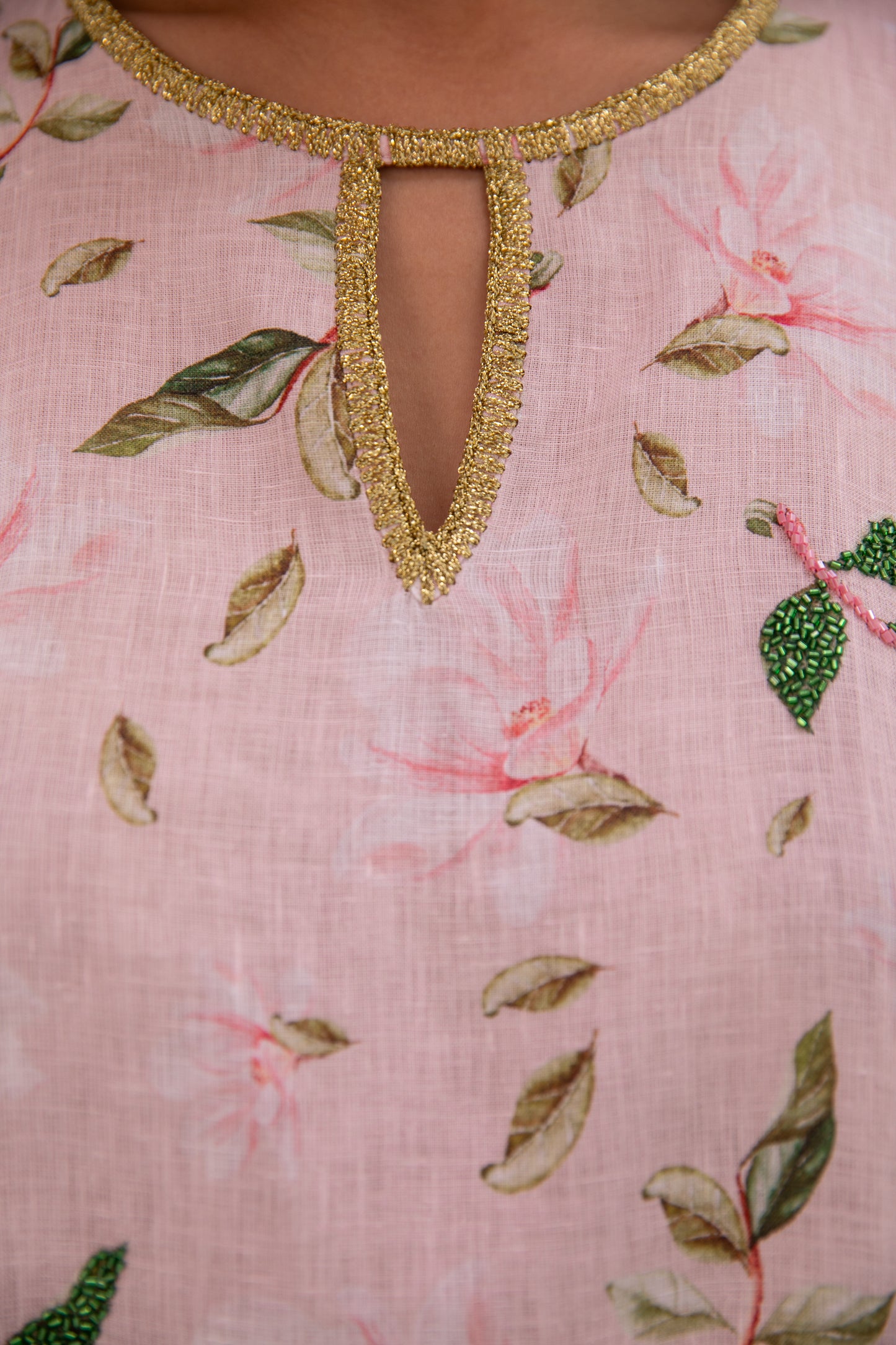 Linen Printed Kaftan with handmade beads embroidery