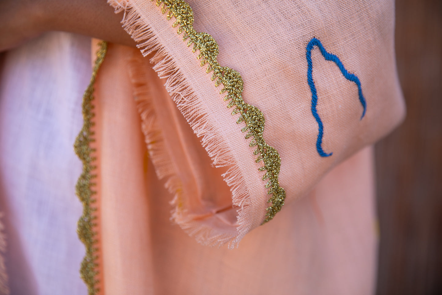 Linen abaya with handmade embroidery and crochet - Light Orange