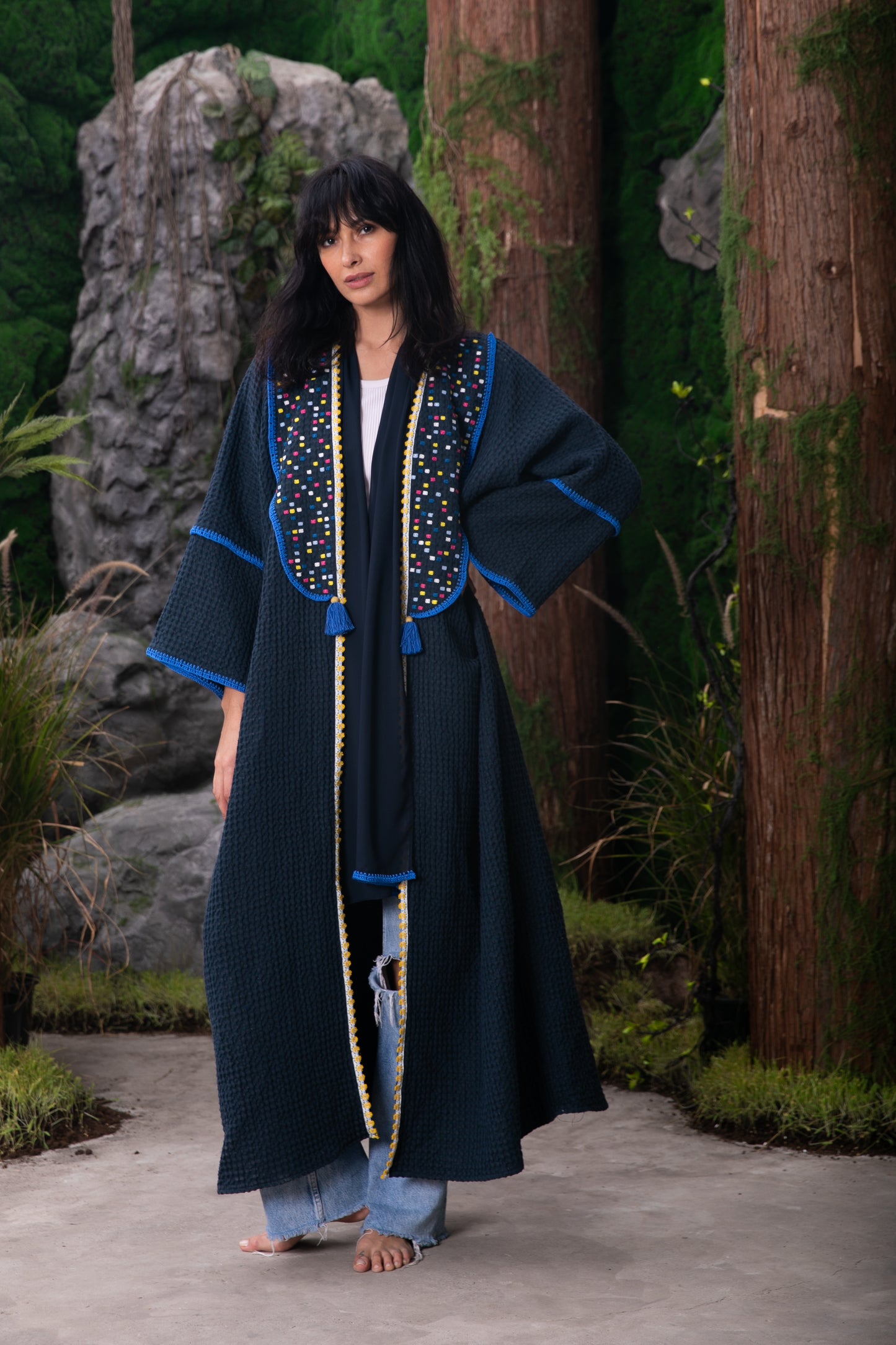 Waffle Linen abaya with handmade embroidery and crochet - Navy Blue