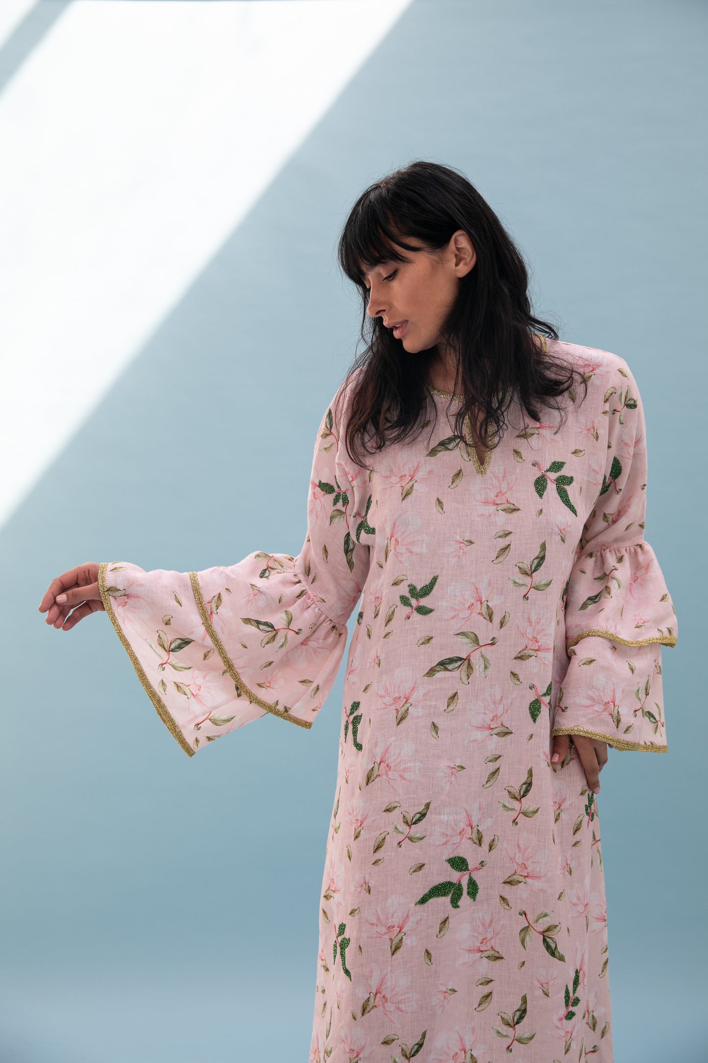 Linen Printed Kaftan with handmade beads embroidery