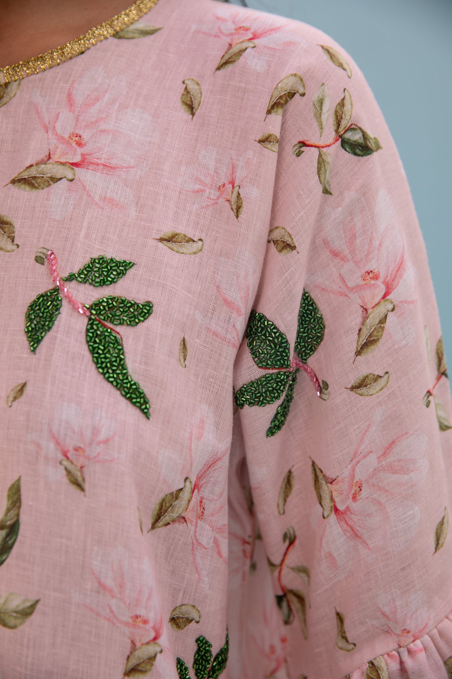 Linen Printed Kaftan with handmade beads embroidery