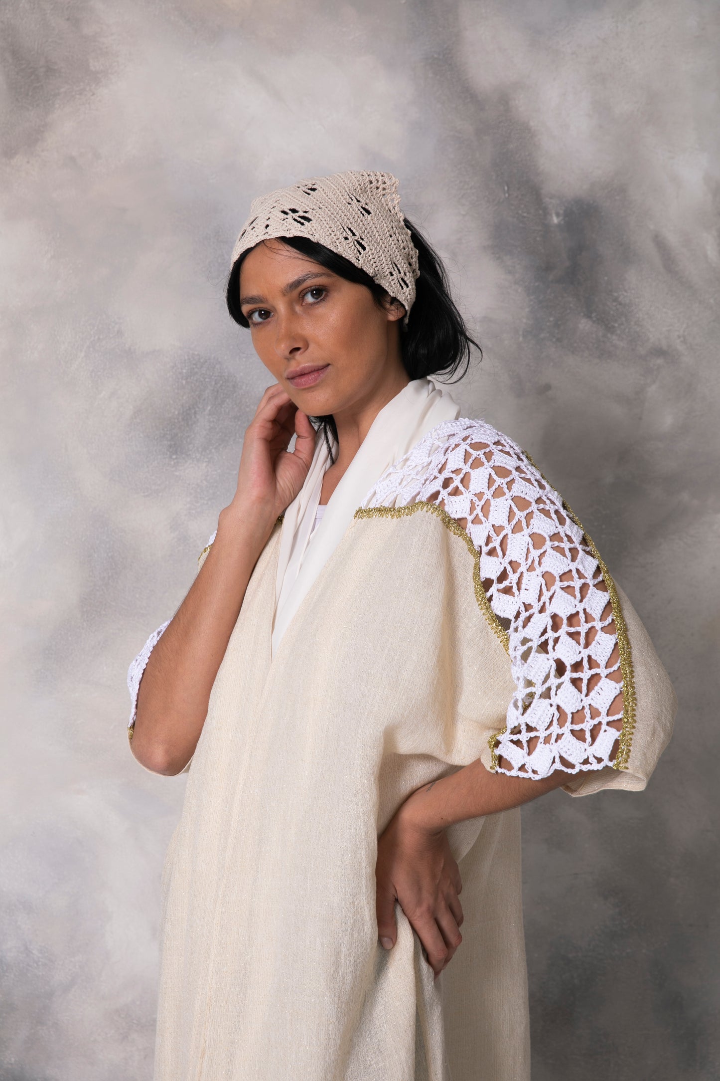 Linen gold shimmer abaya with handmade crochet