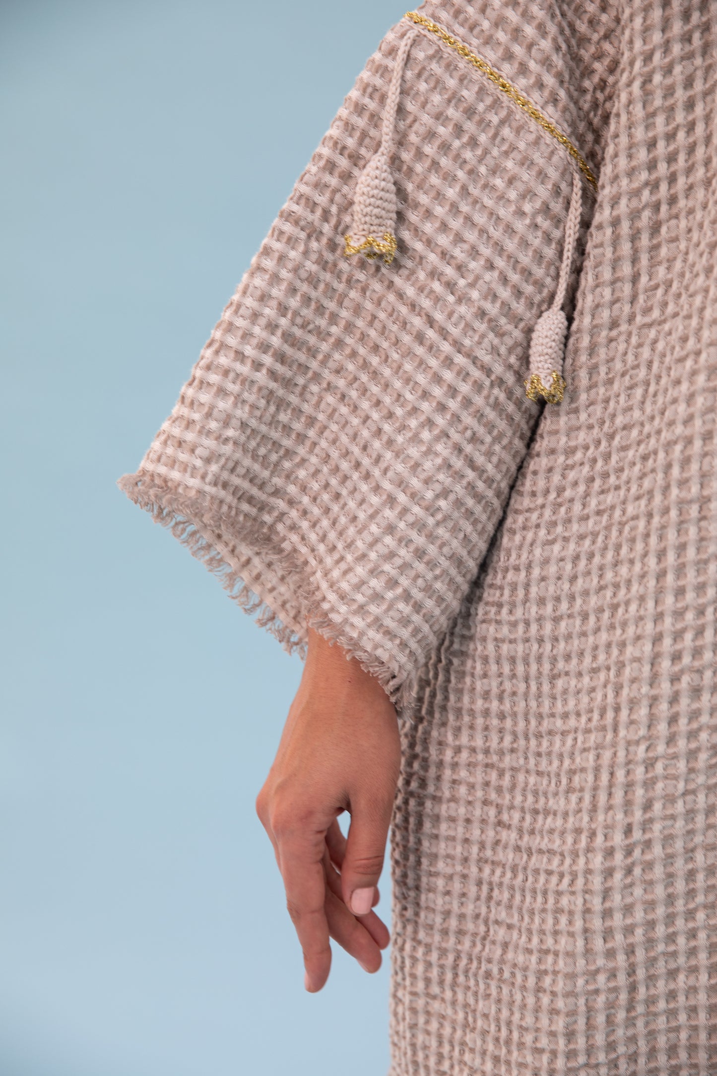 Waffle Linen abaya with handmade crochet - Beige Melange