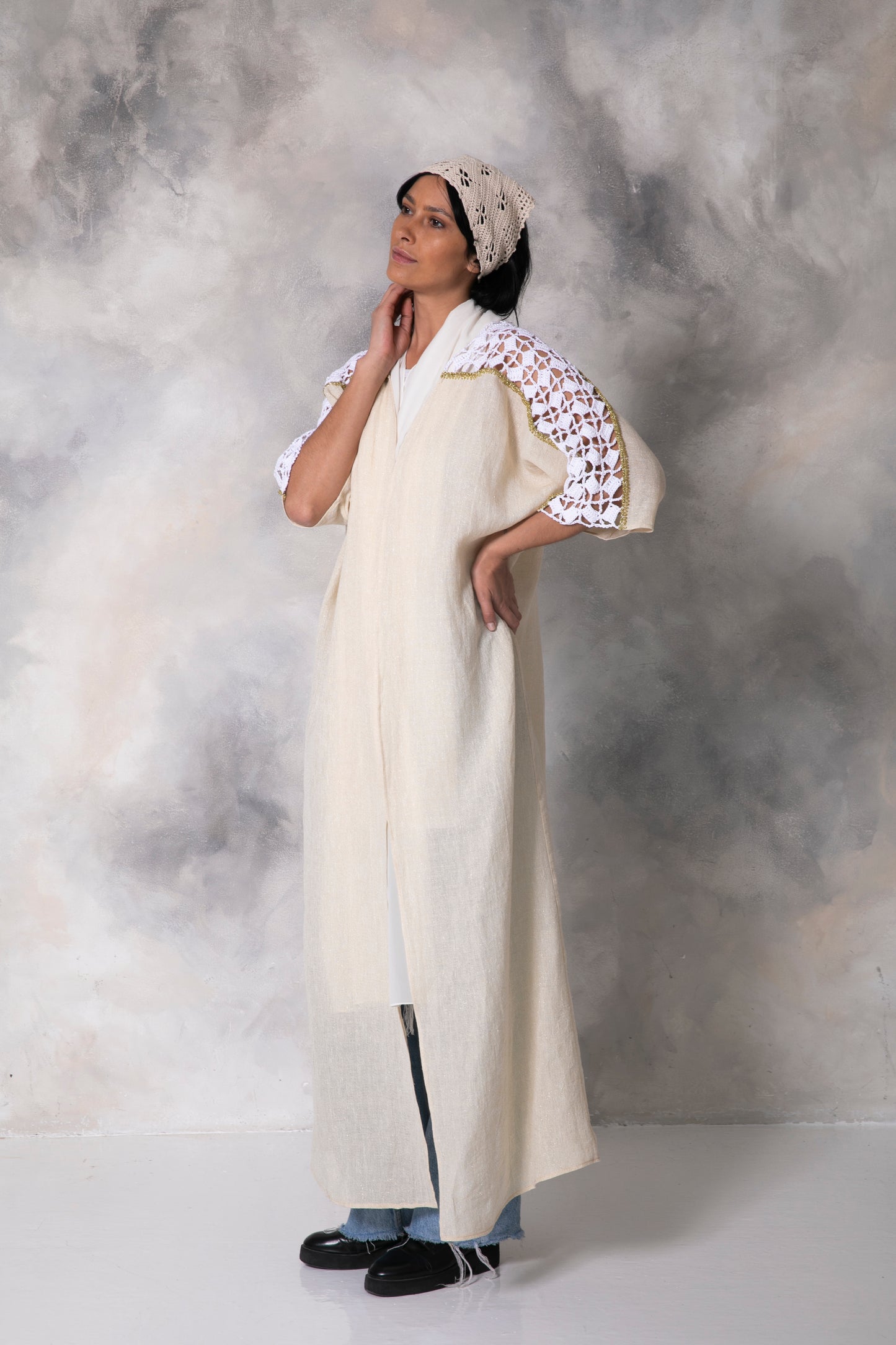 Linen gold shimmer abaya with handmade crochet