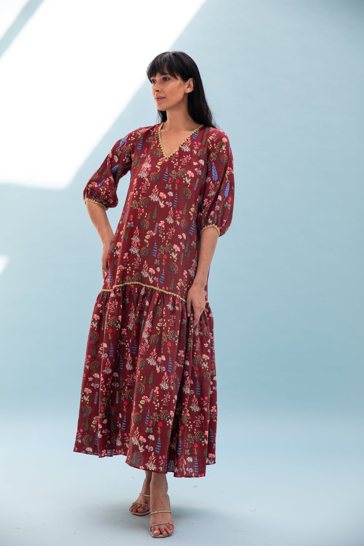 Linen printed kaftan with handmade crochet and beads embroidery