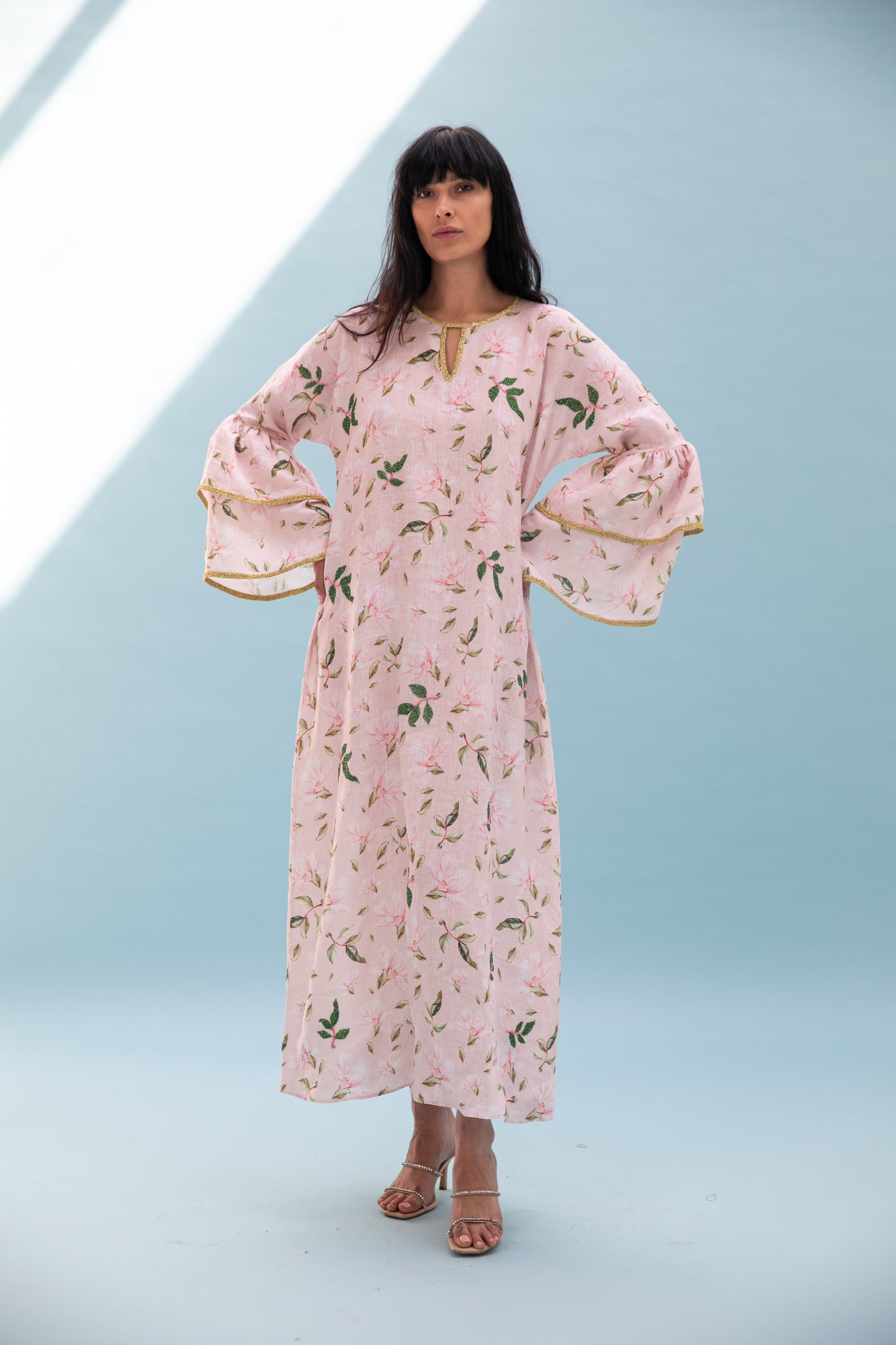 Linen Printed Kaftan with handmade beads embroidery