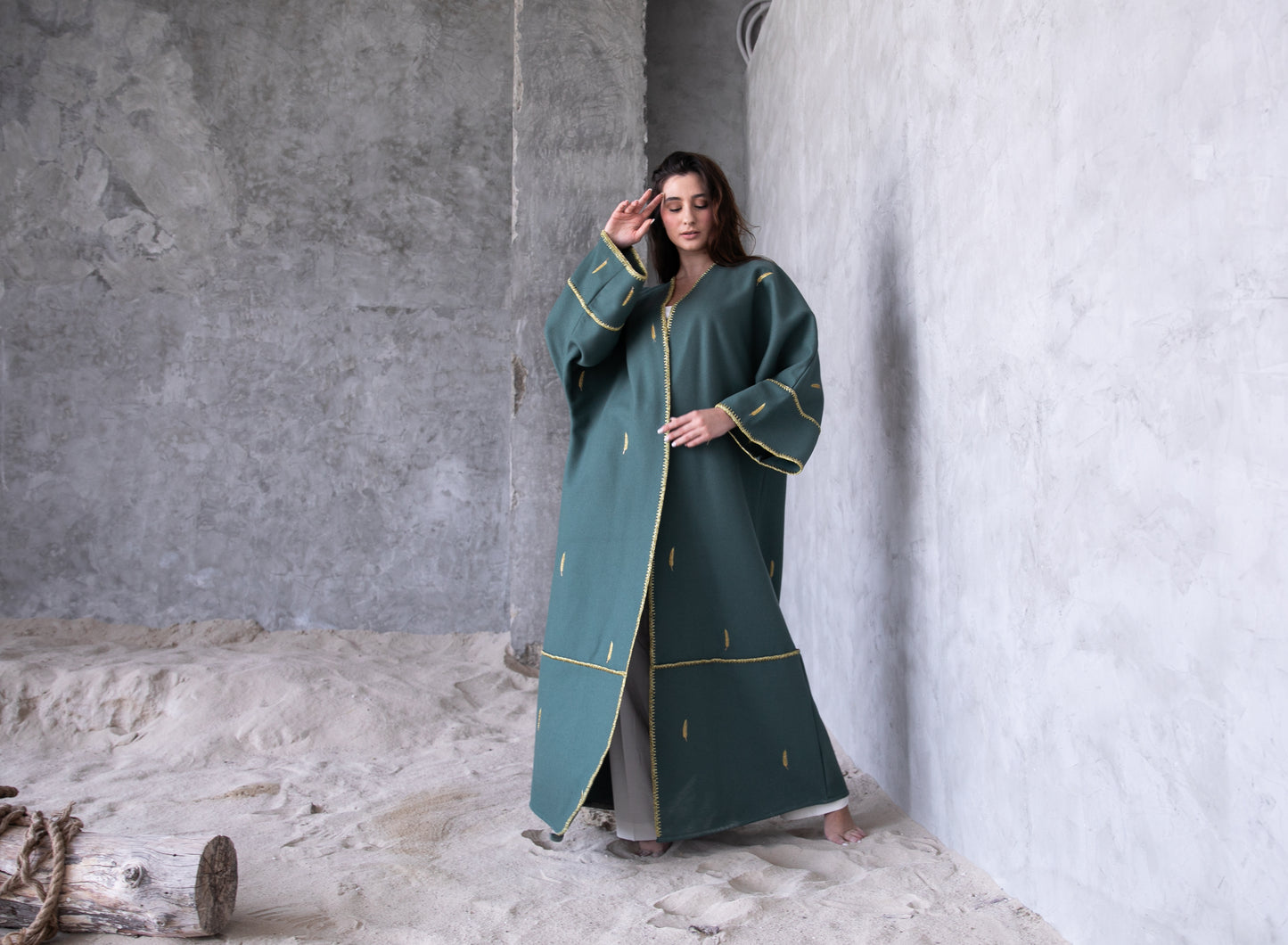 Winter abaya with handmade embrodiery and chrochet- Green