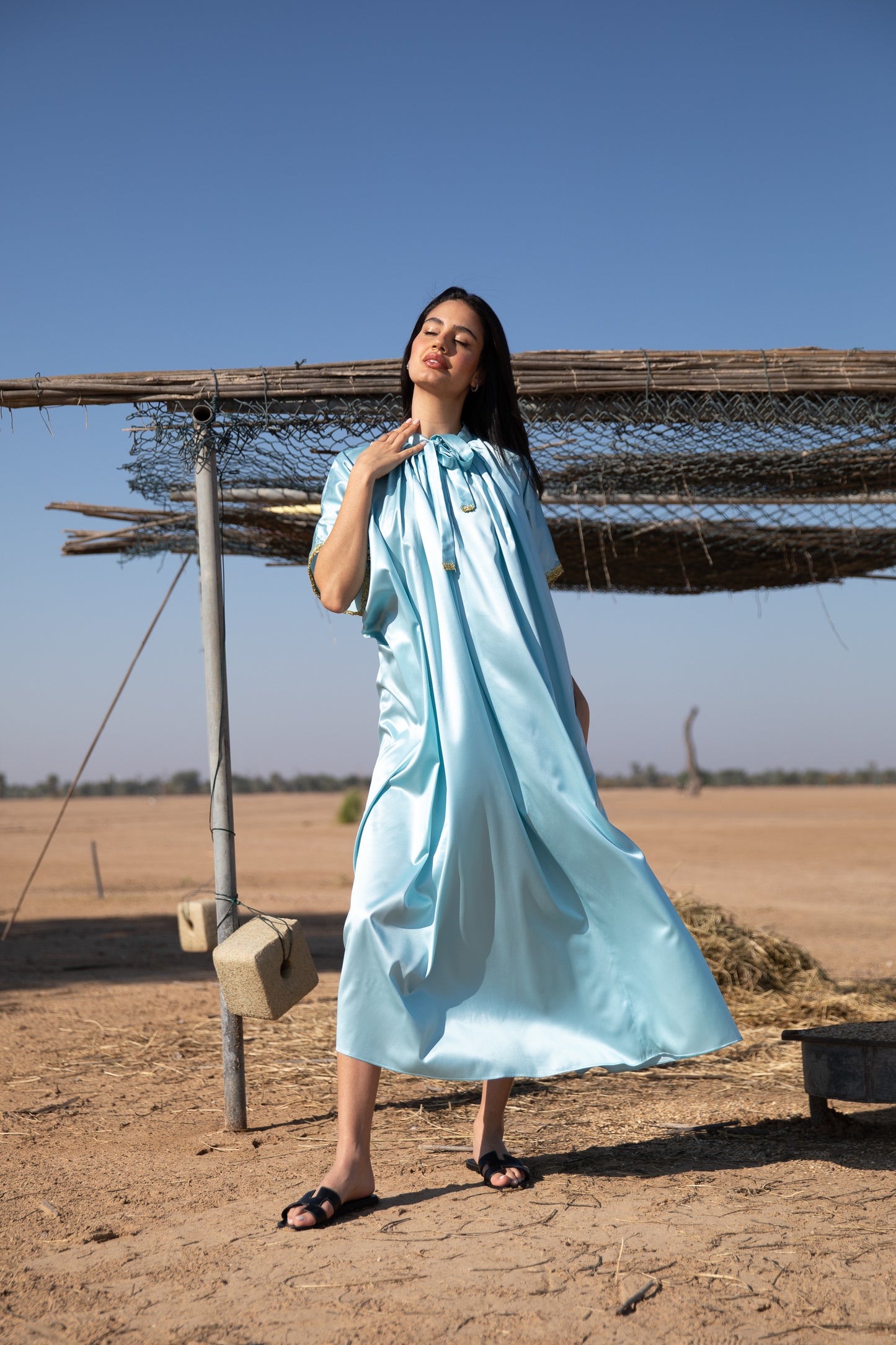 Silk Kaftan with Handmade crochet - Light Blue