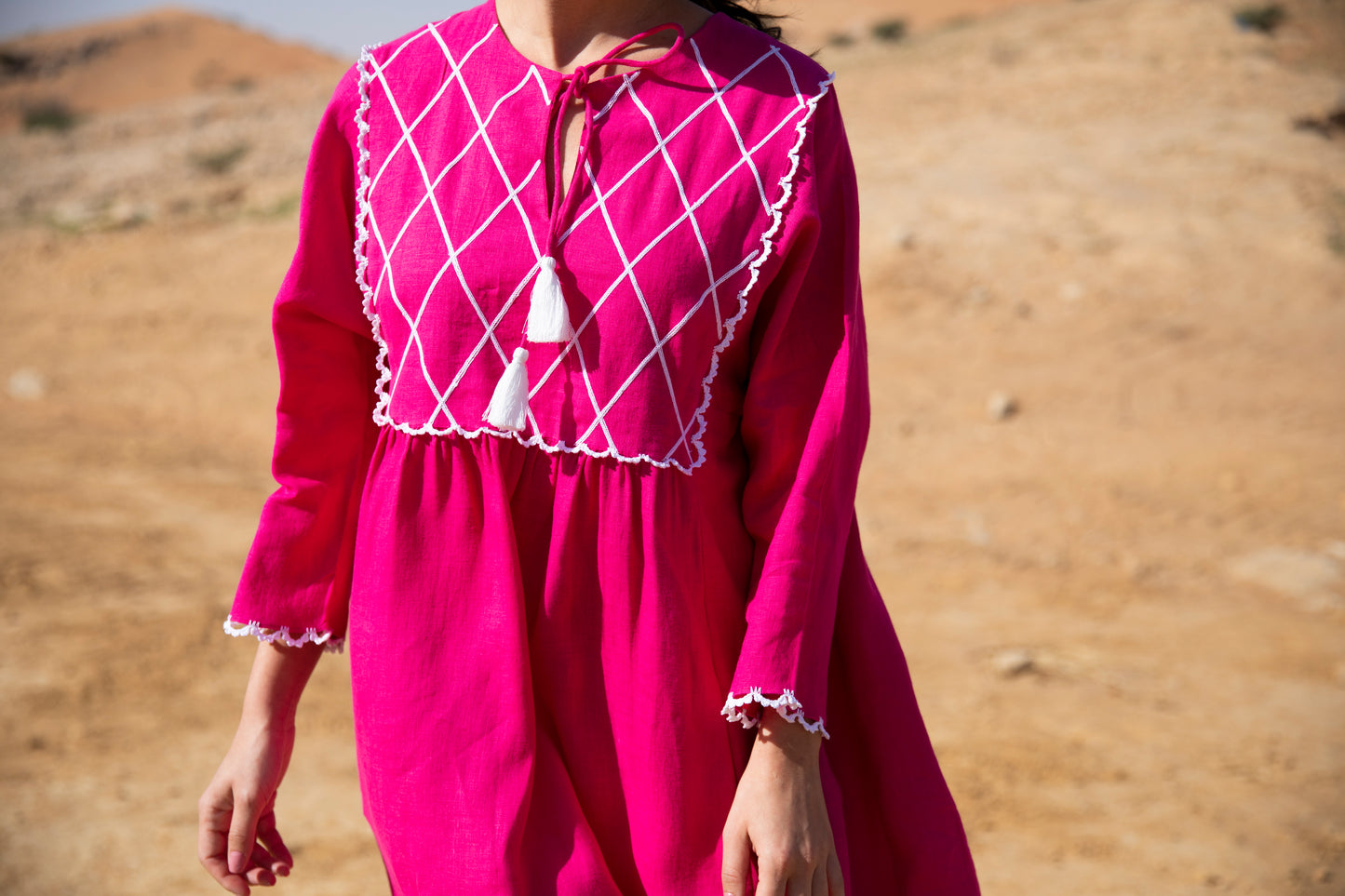 Linen Kaftan with handmade crochet and embroidery