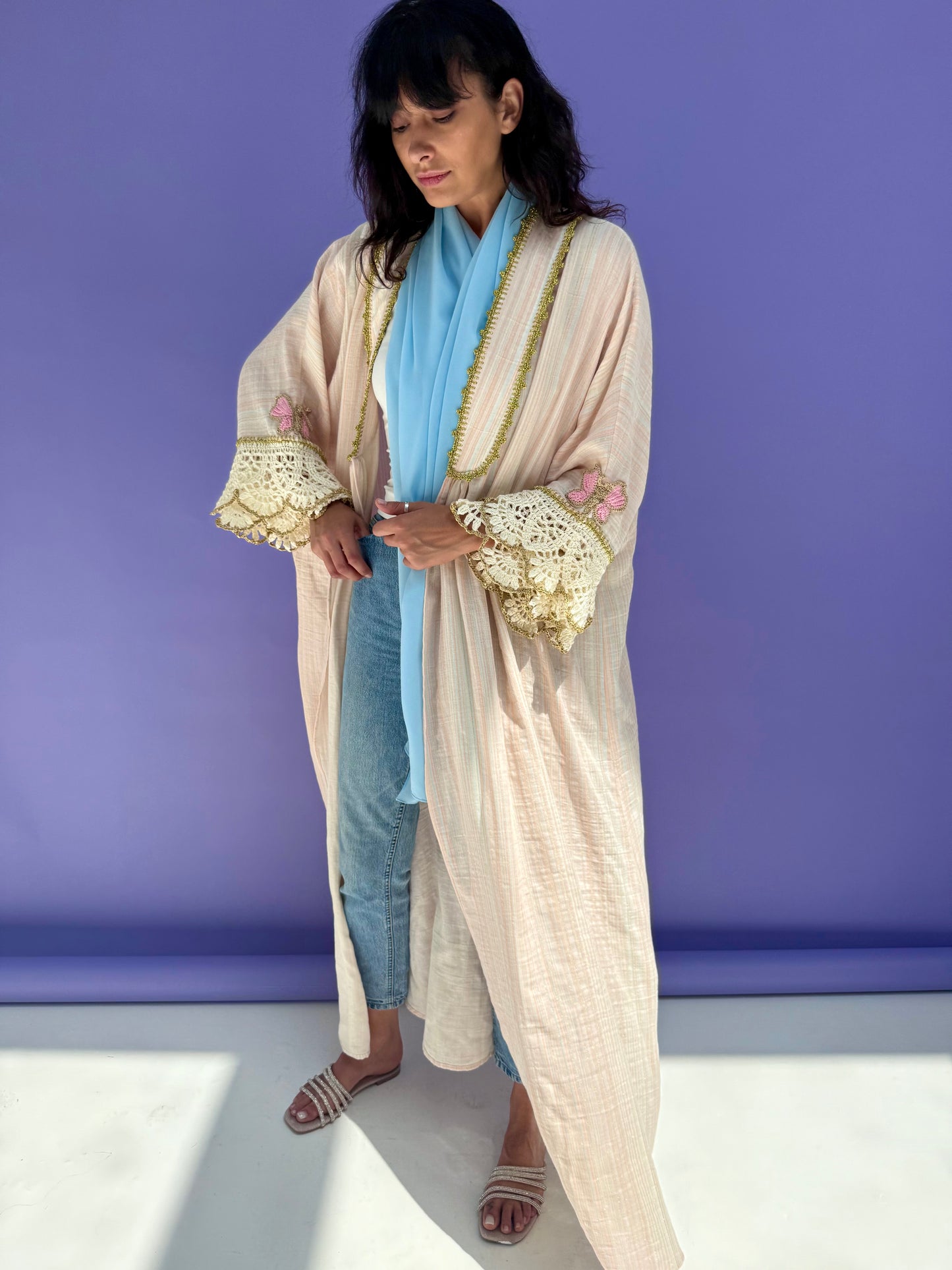 Pink Stripe Muslin Abaya Butterfly