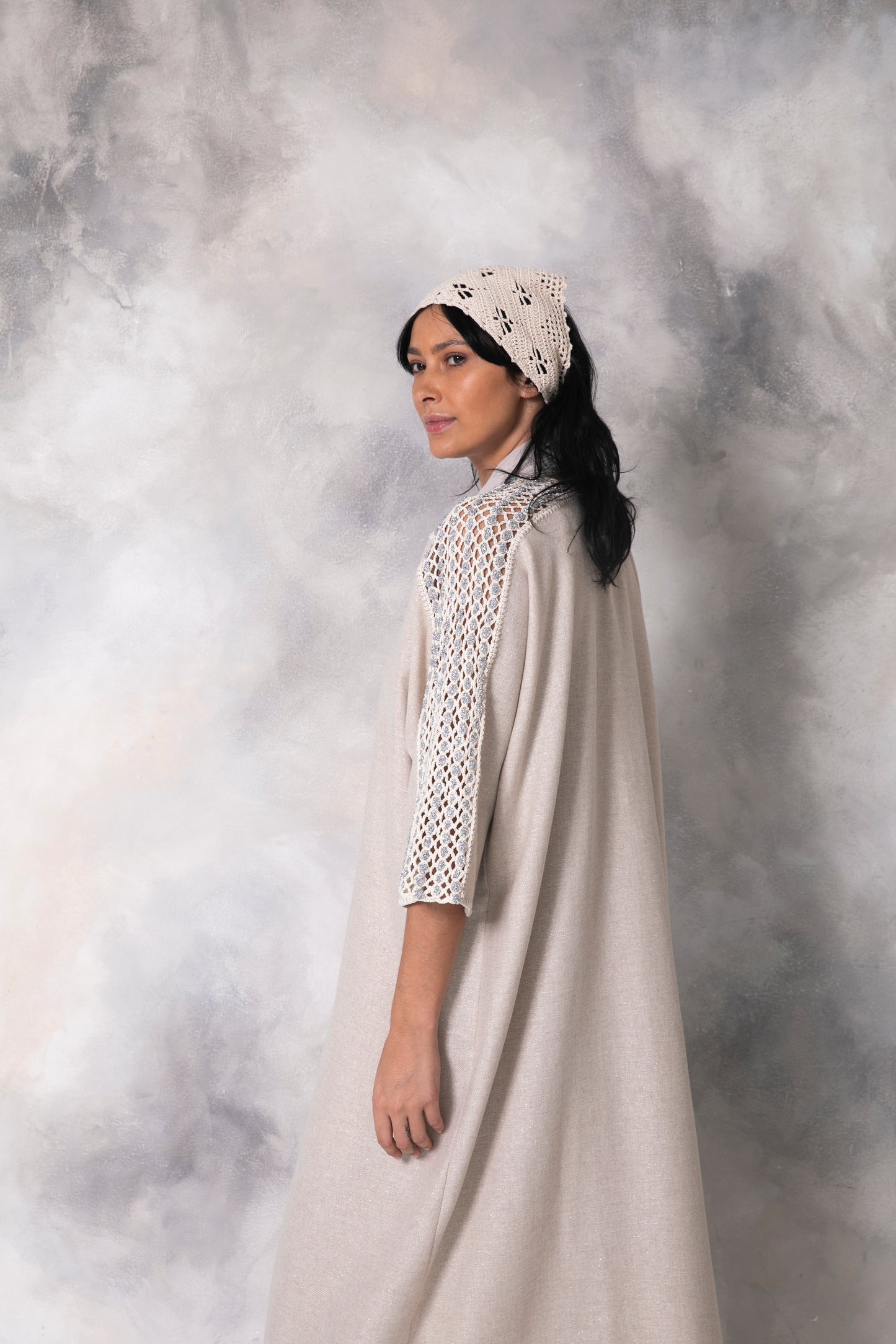 Off white silver shimmering wool abaya with handmade crochet