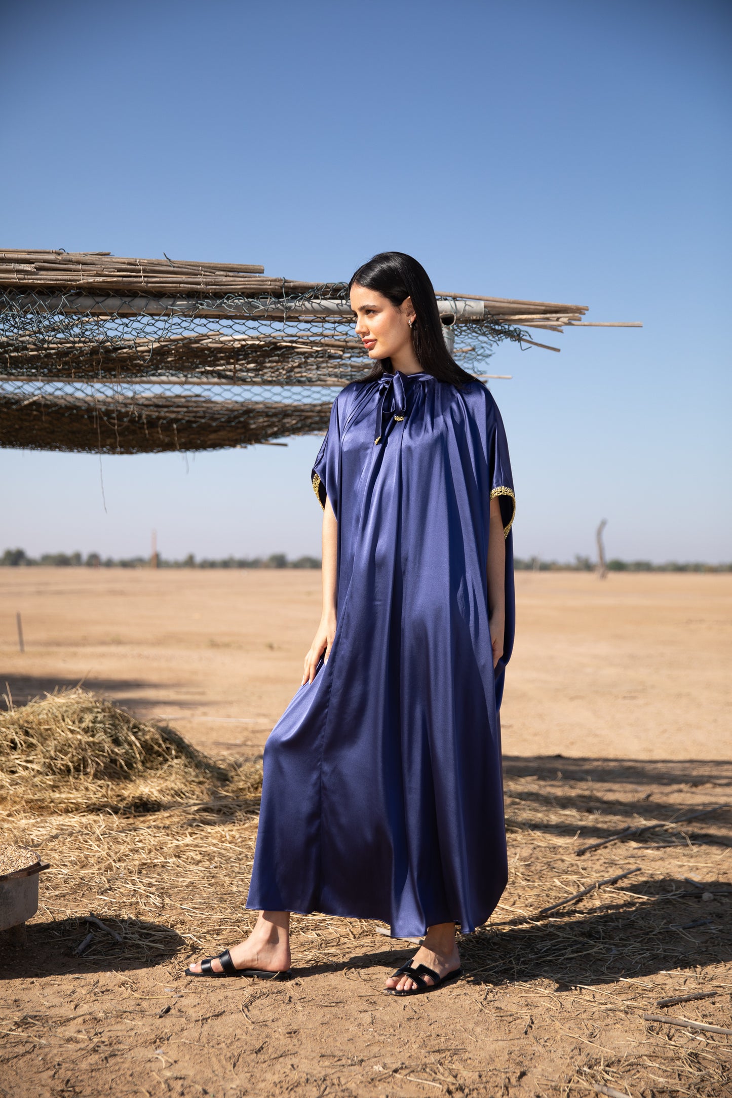 Silk Kaftan with Handmade crochet - Navy Blue