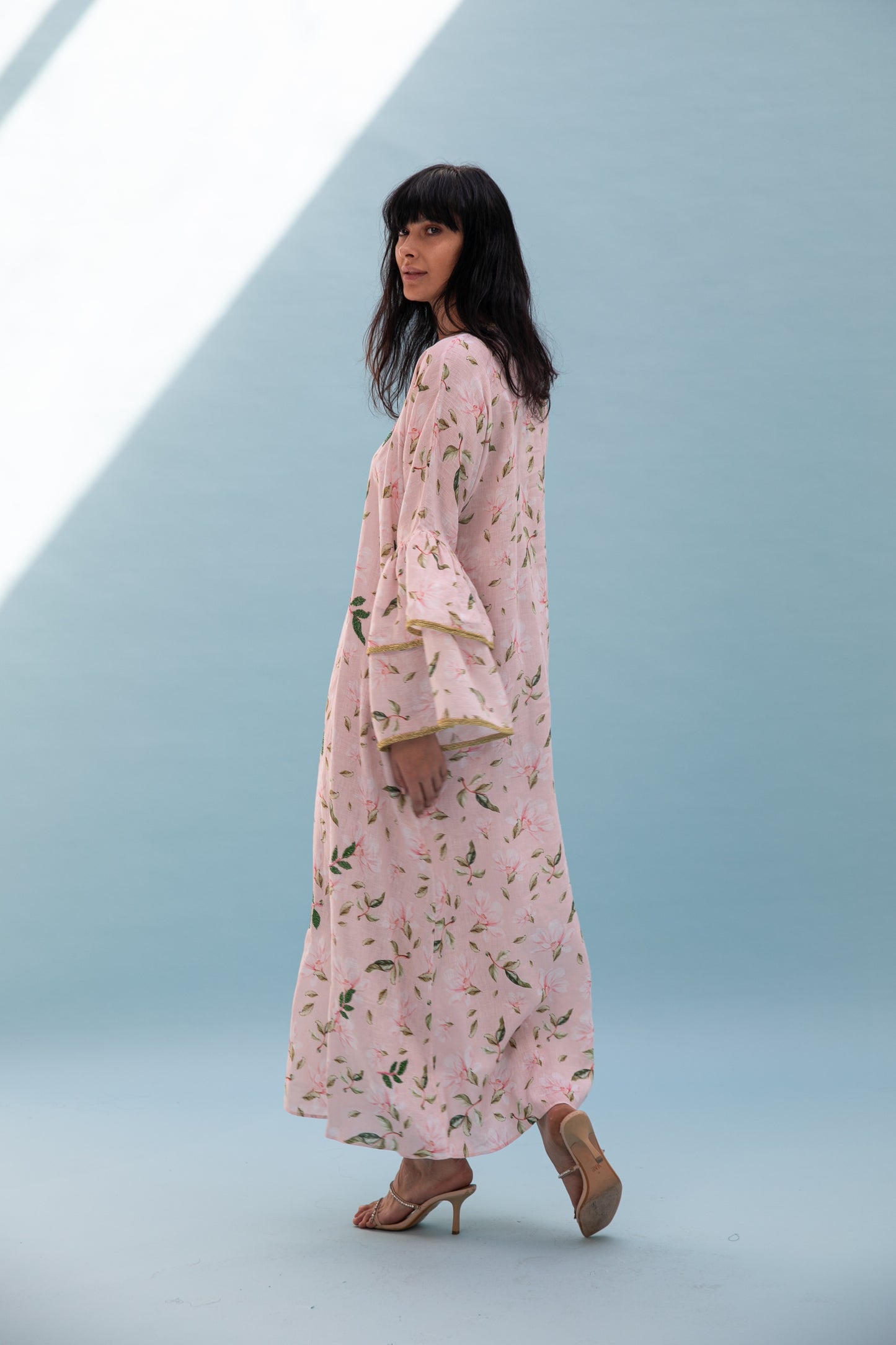 Linen Printed Kaftan with handmade beads embroidery
