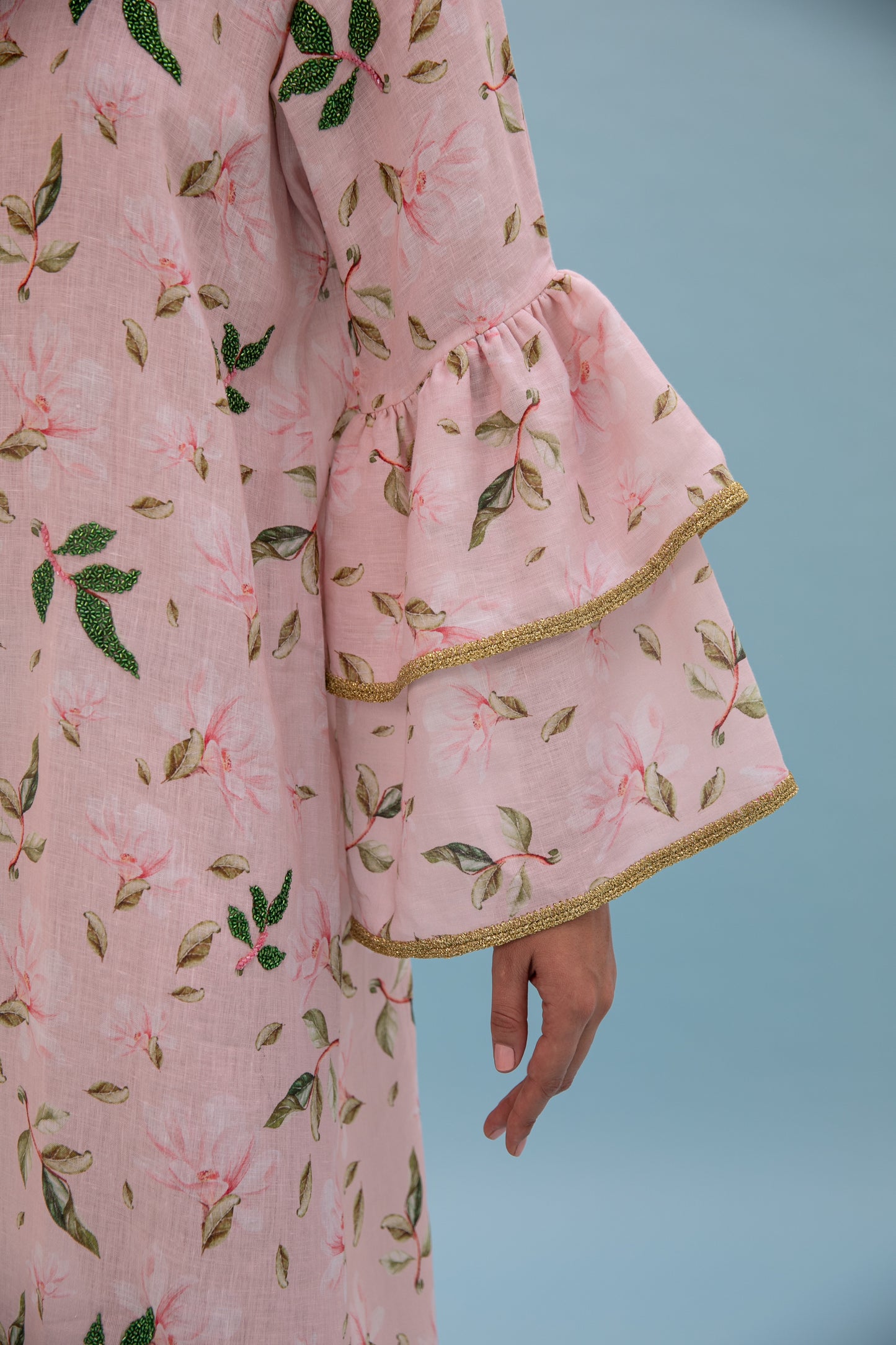 Linen Printed Kaftan with handmade beads embroidery