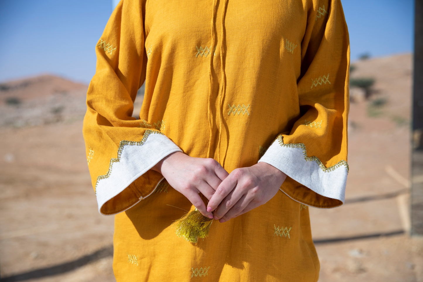 Linen Kaftan with handmade crochet and embroidery