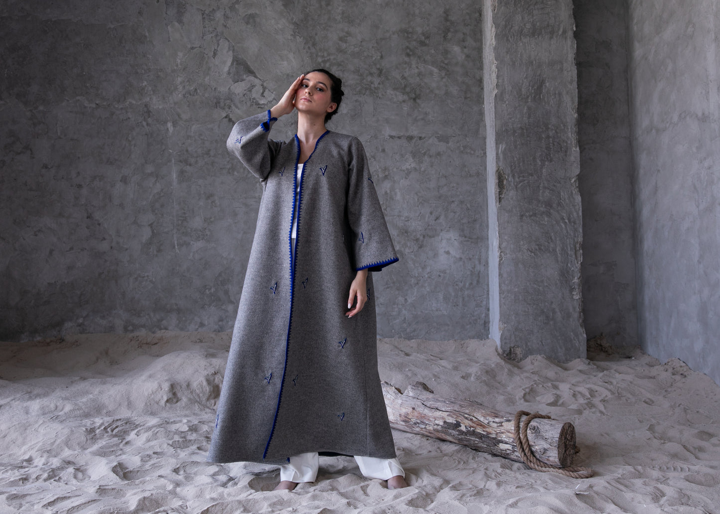 Winter abaya with handmade crochet and embroidery - Grey