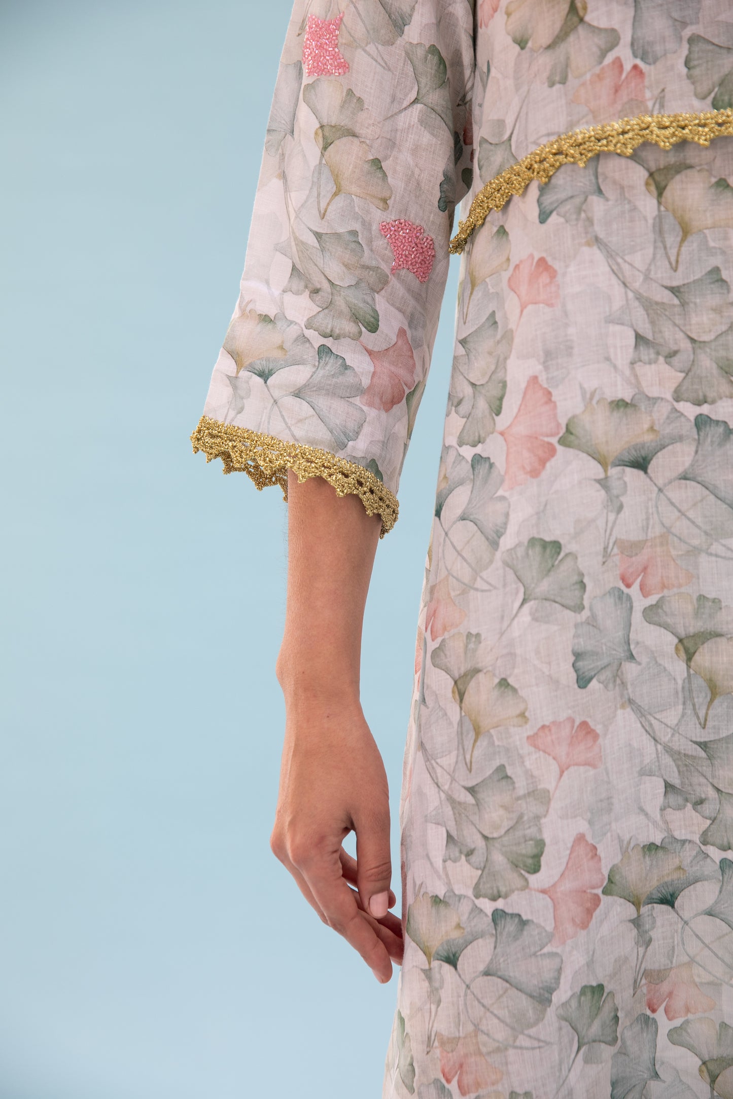 Linen Printed Kaftan with handmade beads embroidery