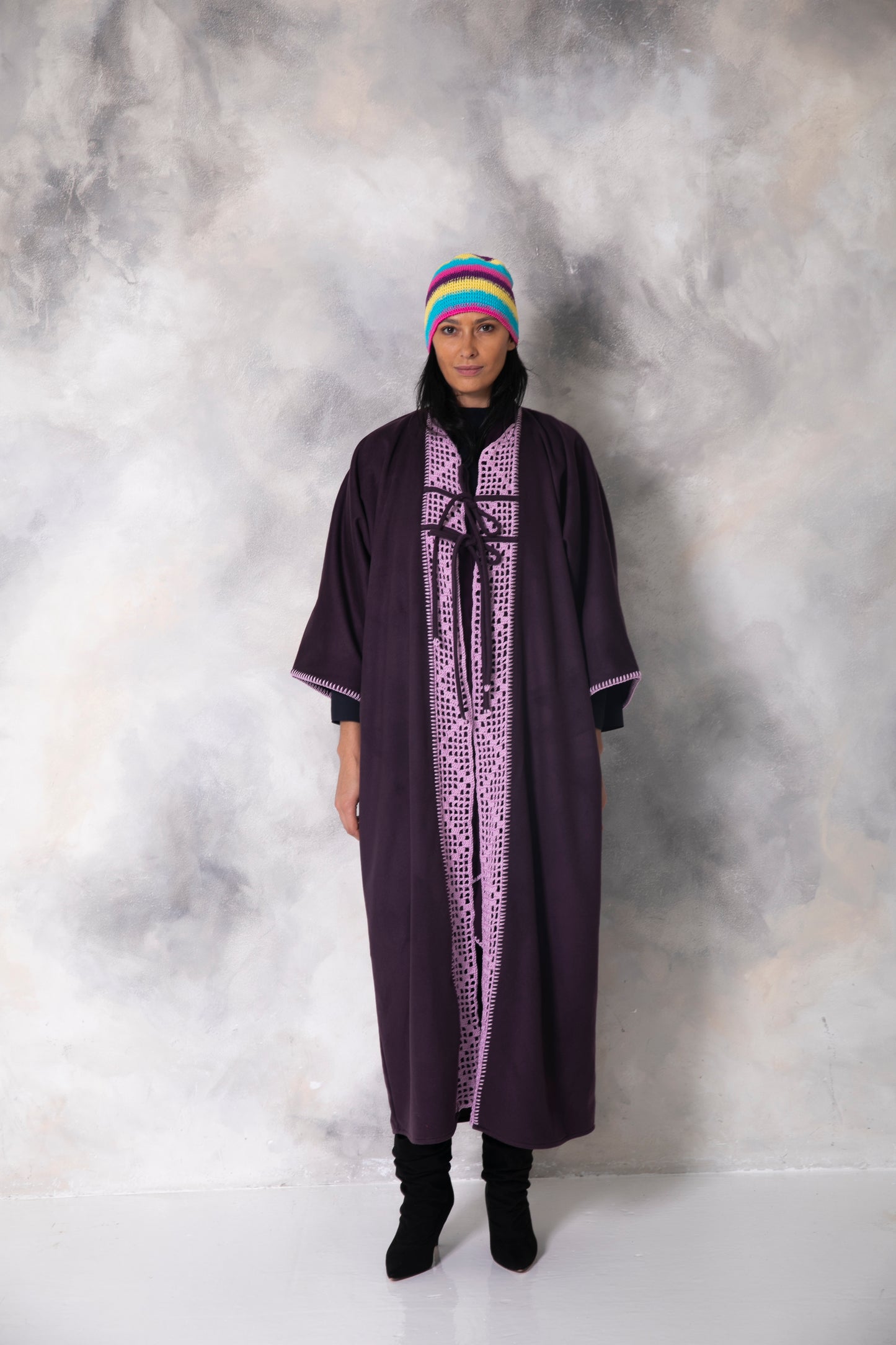 Dark Purple wool abaya with handmade crochet front