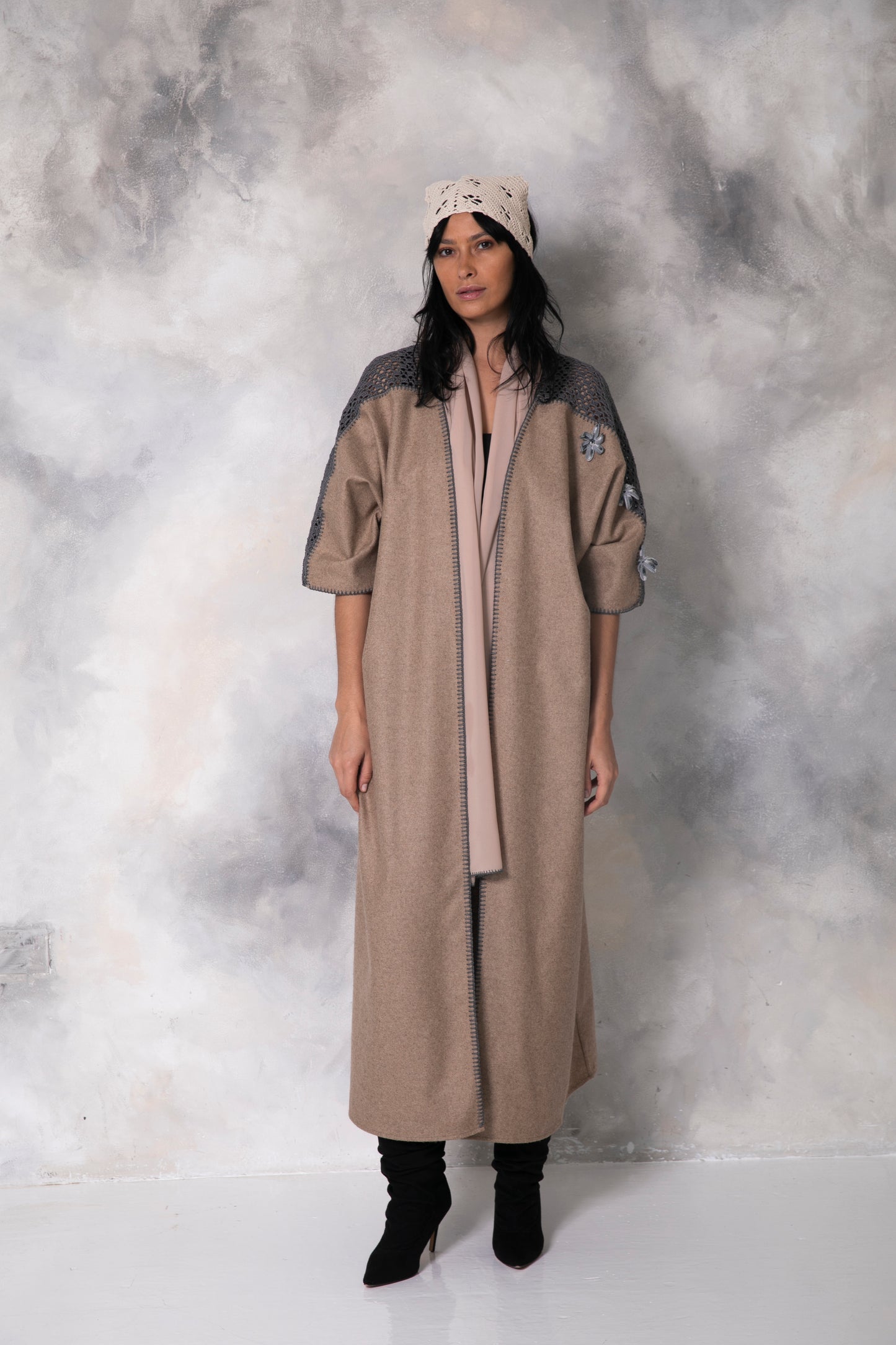 Brown wool coat with handmade crochet