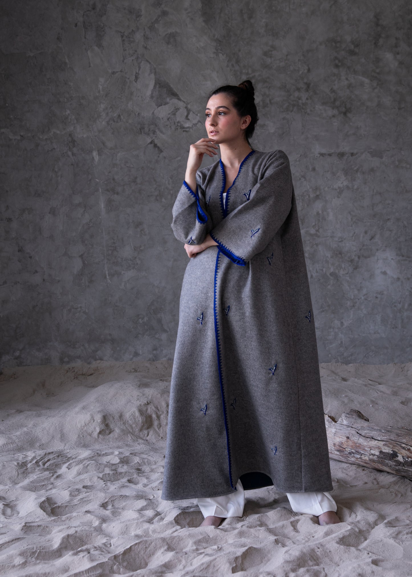 Winter abaya with handmade crochet and embroidery - Grey