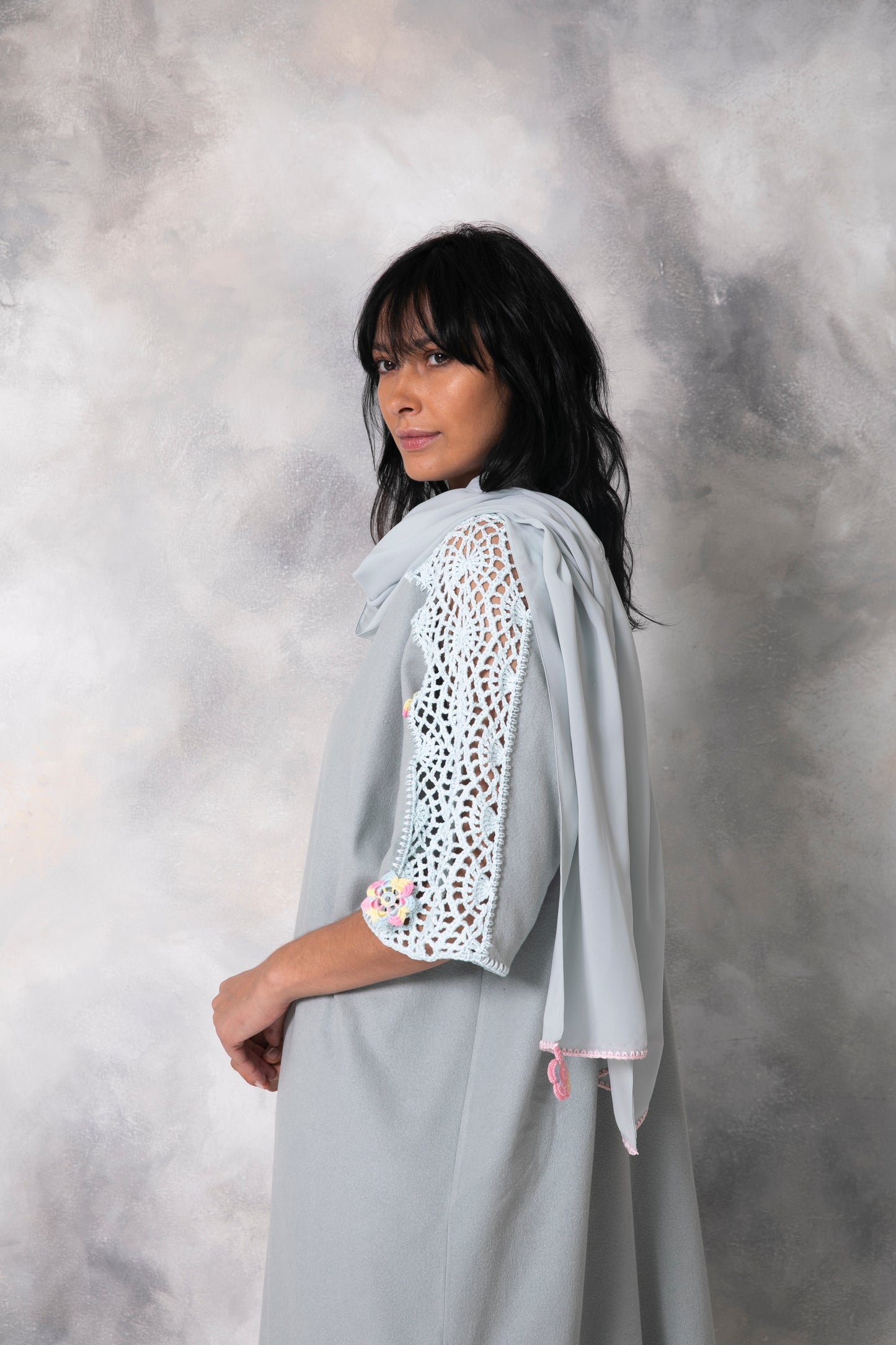 Light blue wool abaya with handmade crochet