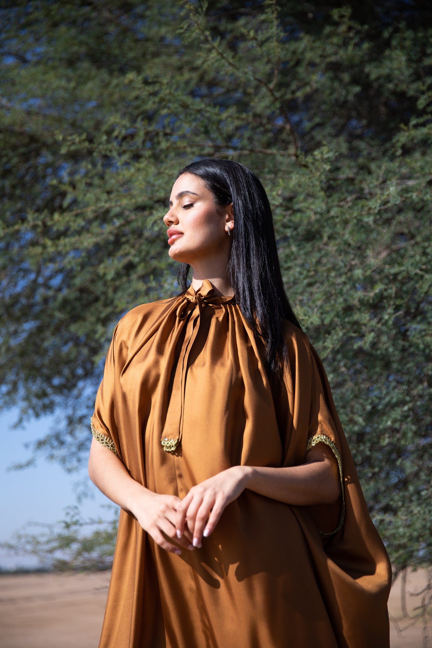 Silk Kaftan - Rust - with handmade crochet