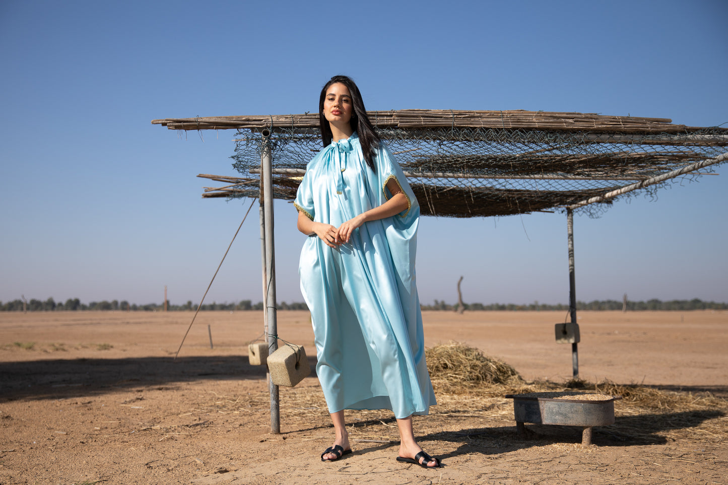 Silk Kaftan with Handmade crochet - Light Blue