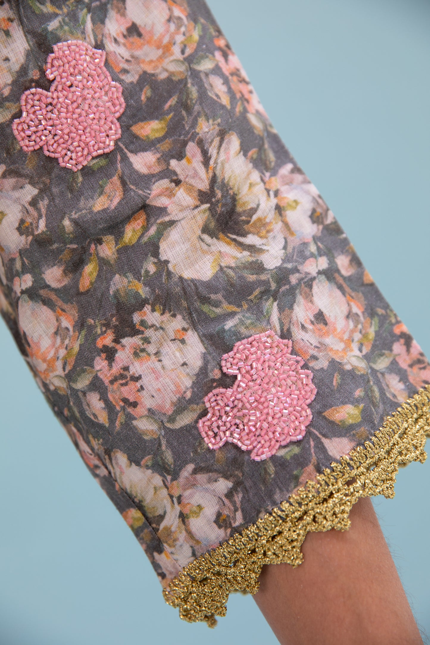 Linen Printed Kaftan with Beads embroidery