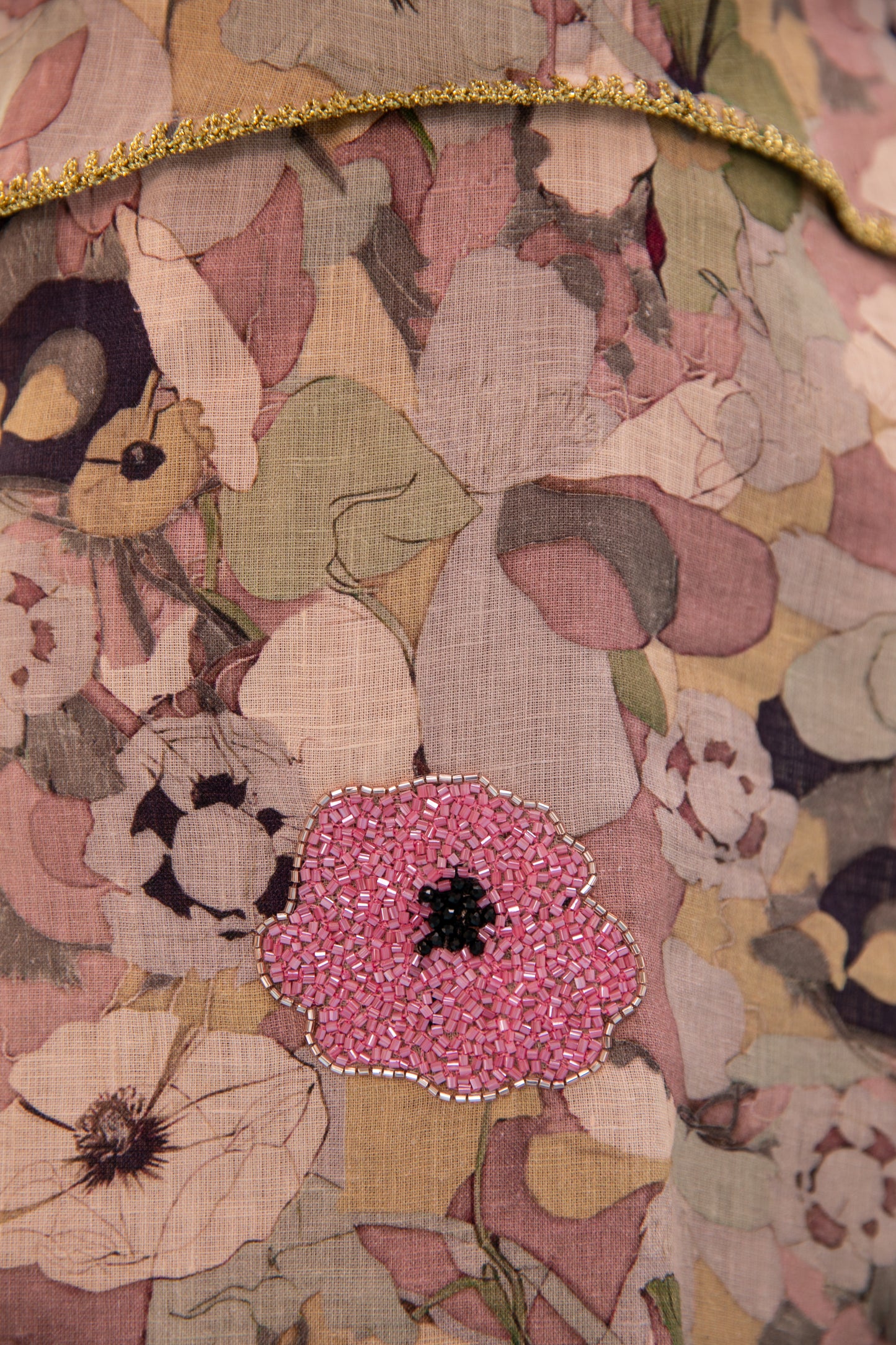 Linen Printed Kaftan with handmade beads embroidery