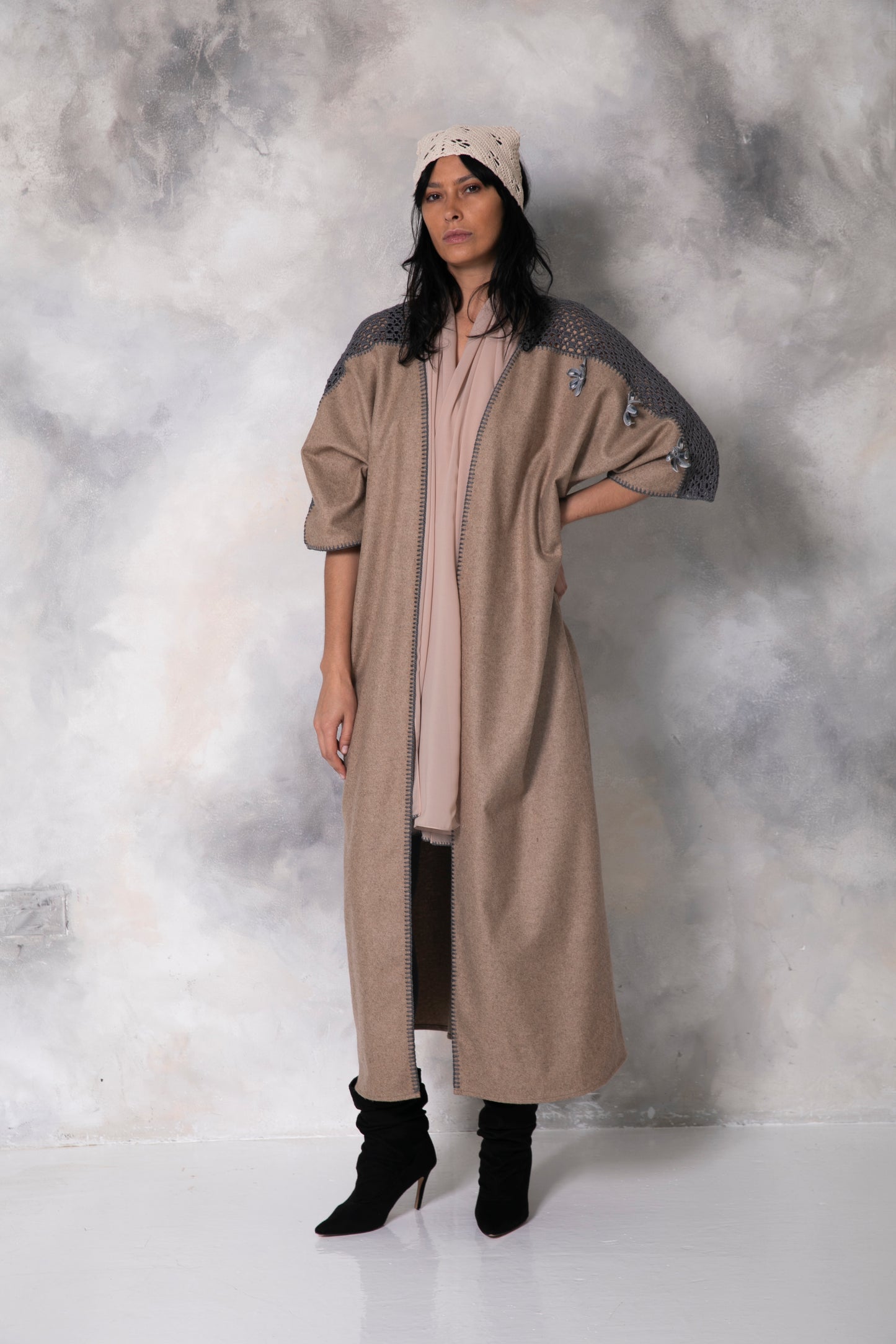 Brown wool coat with handmade crochet