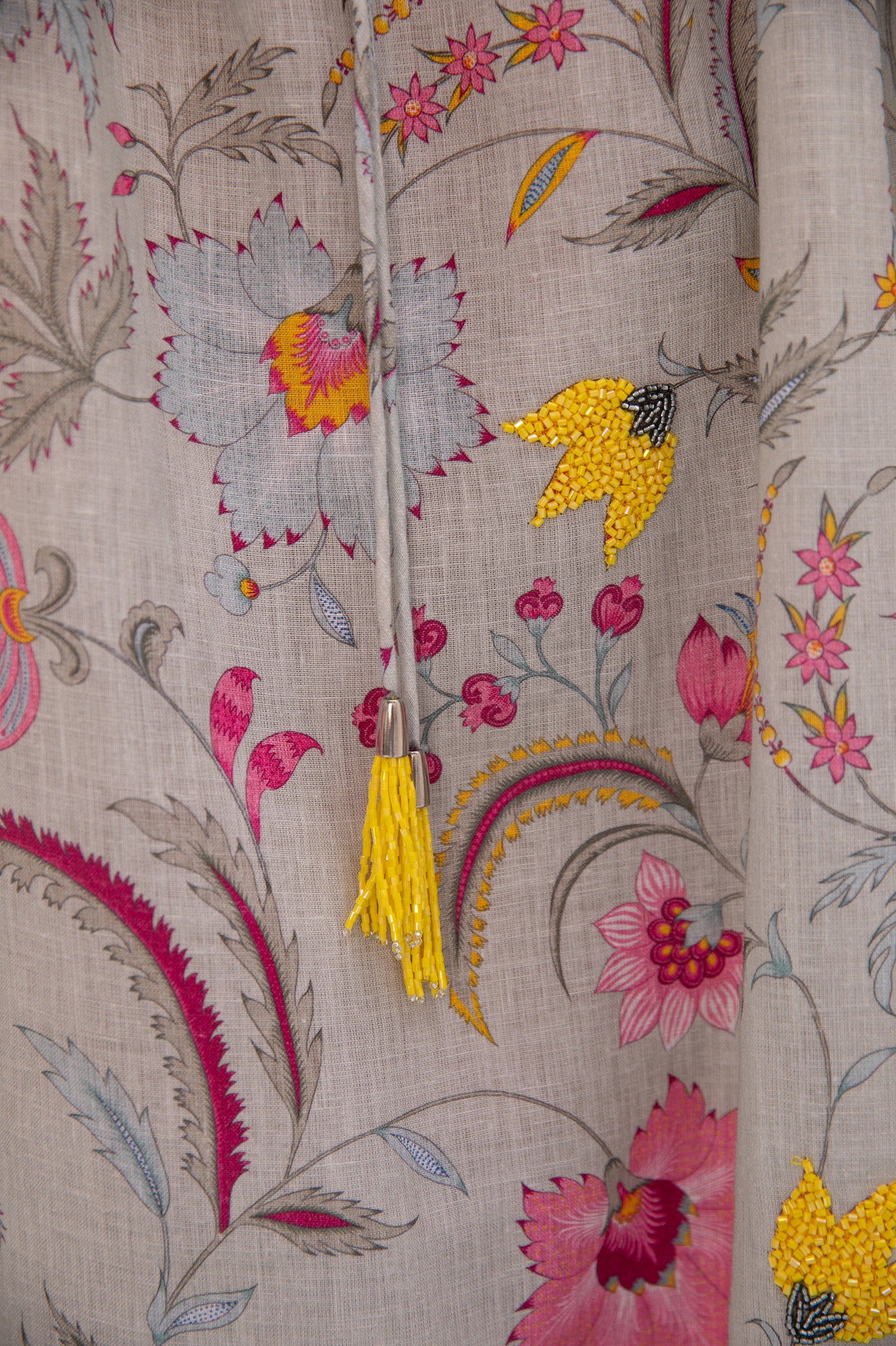 Linen Printed Kaftan with handmade beads embroidery