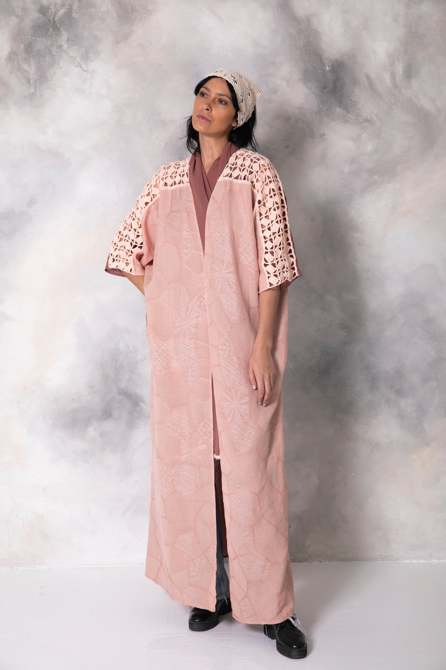 2 tone blush abaya with handmade crochet