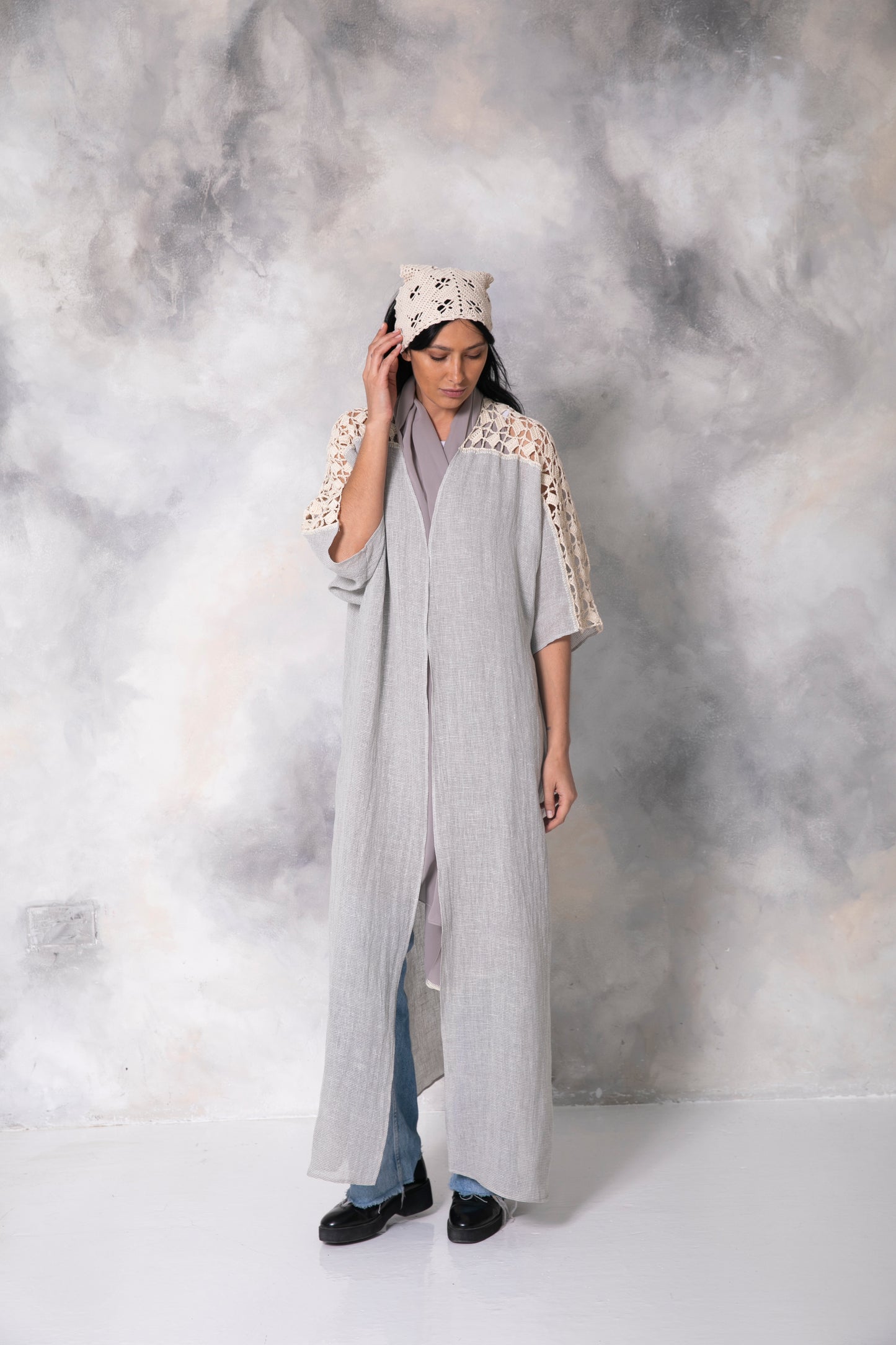 Grey small check linen abaya with handmade crochet