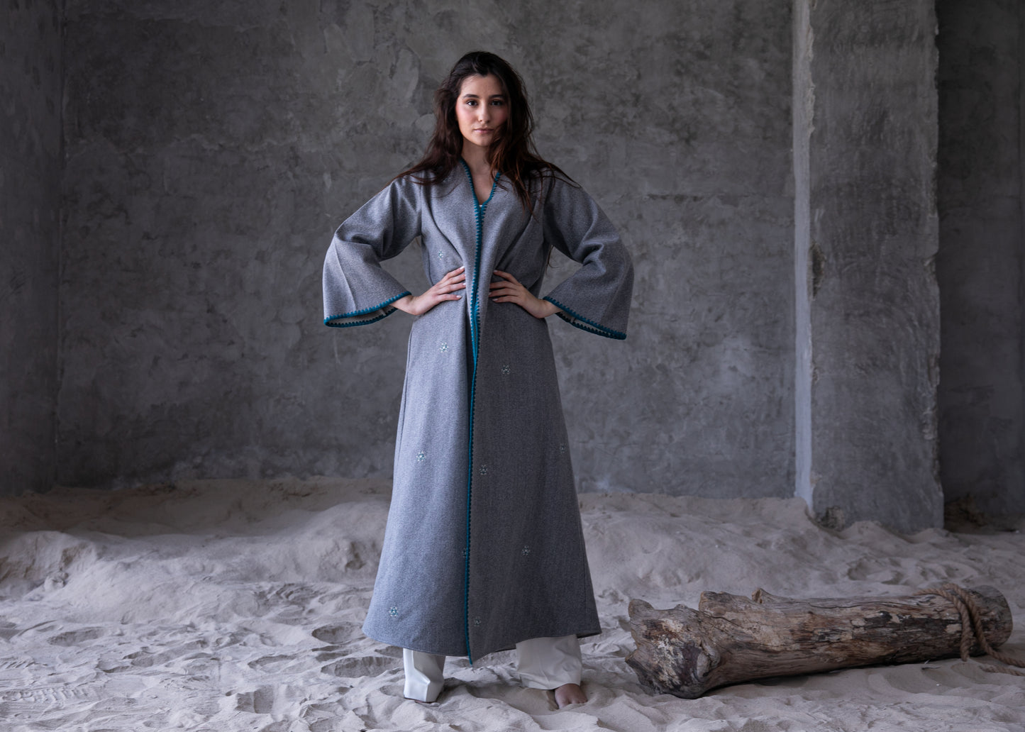 Winter Abaya with handmade embroidery and Crochet - Light Grey