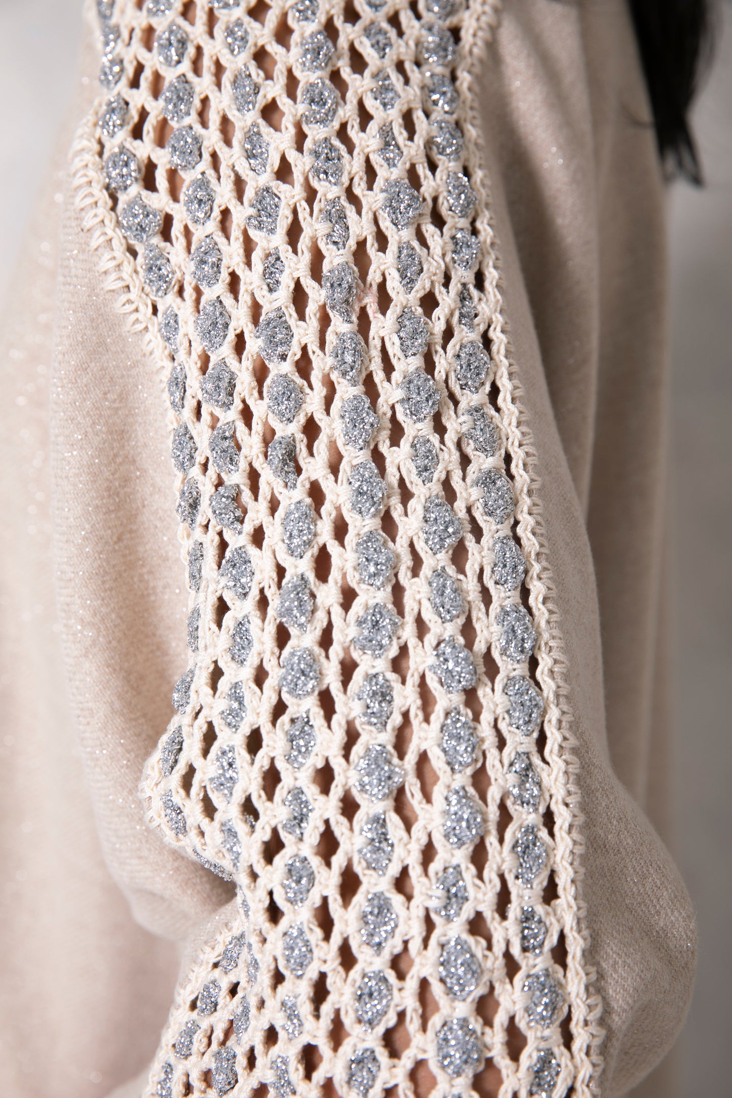 Off white silver shimmering wool abaya with handmade crochet