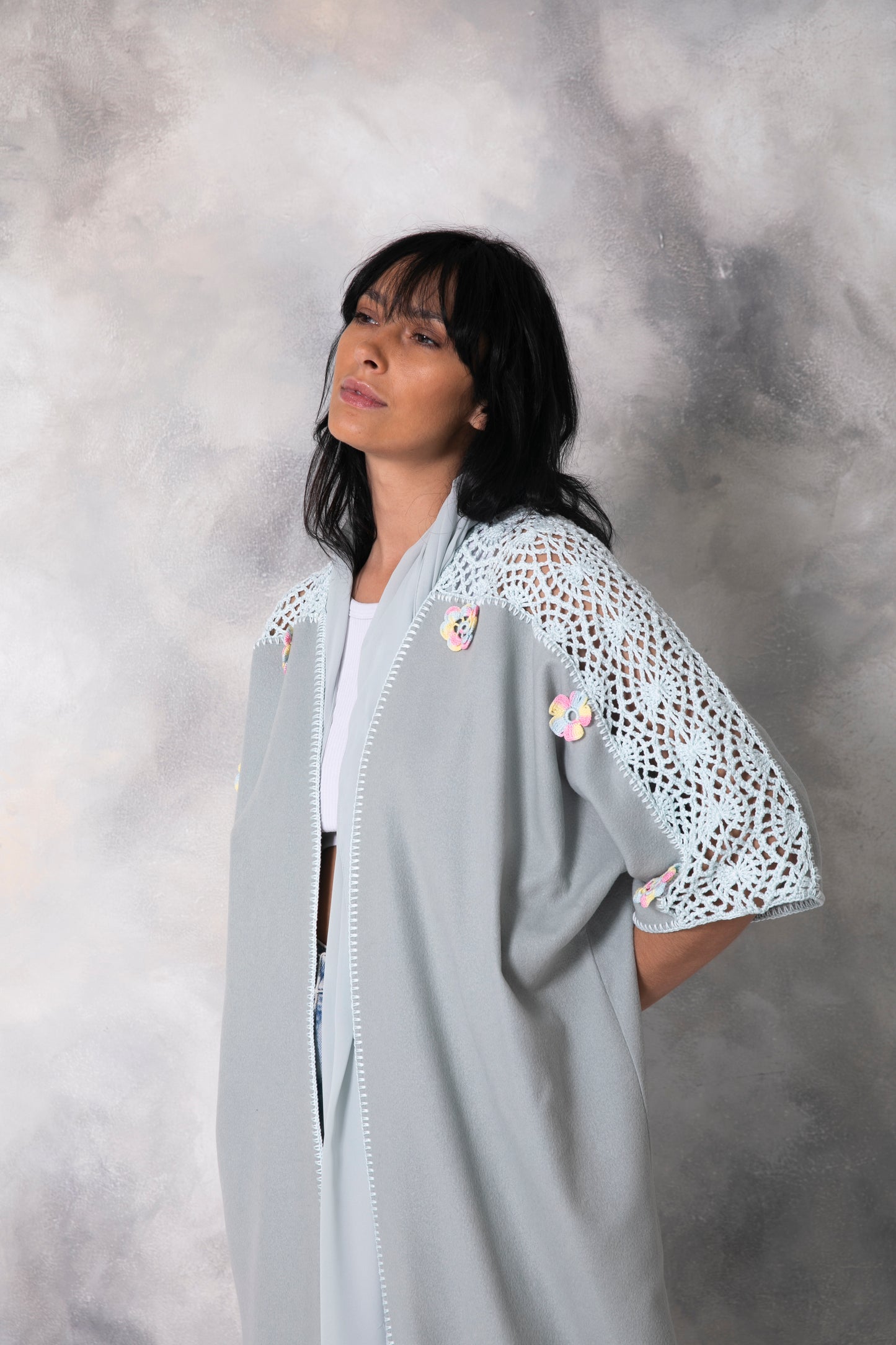 Light blue wool abaya with handmade crochet