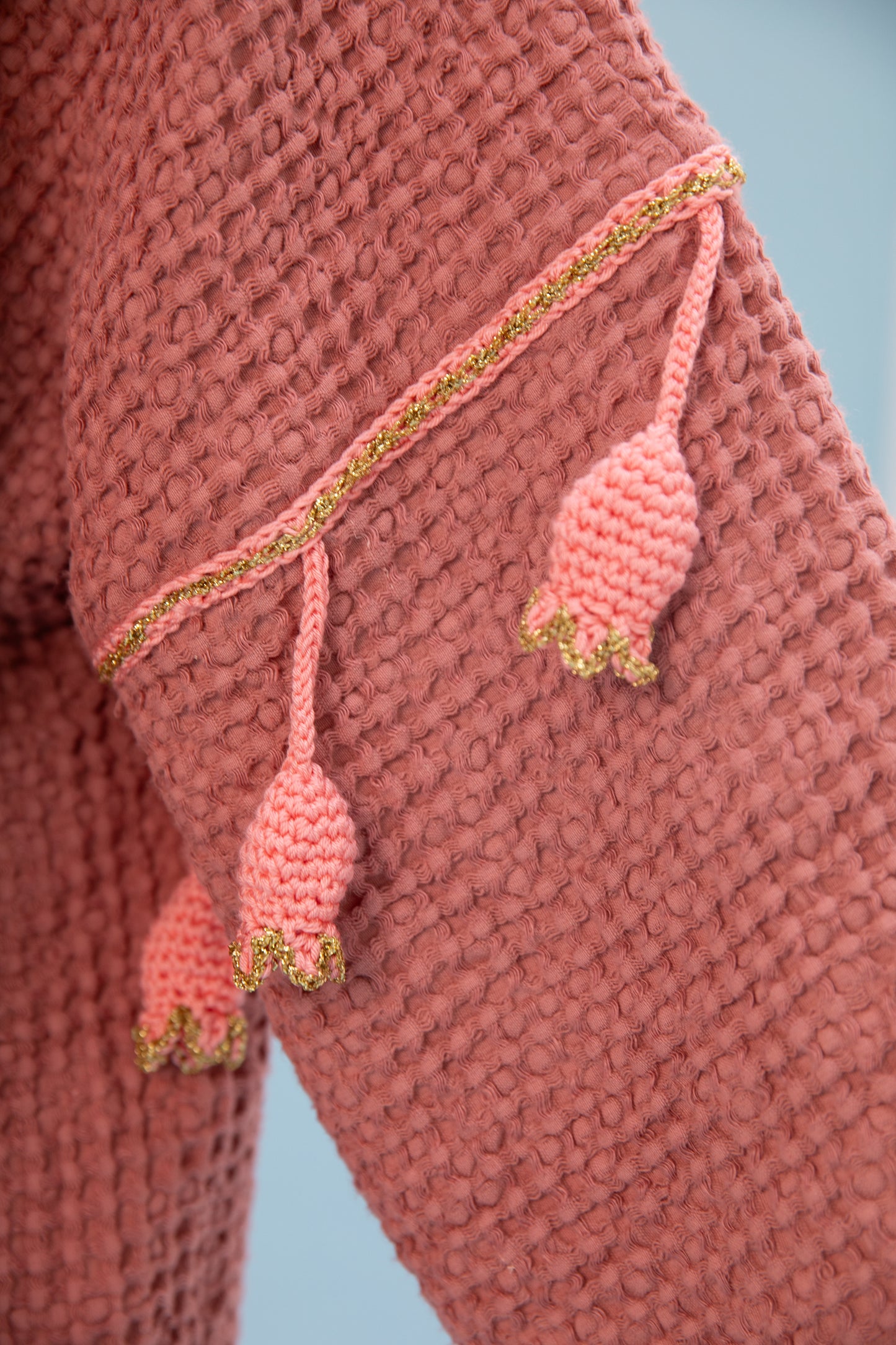 Linen Waffle Abaya with handmade crochet - Peach