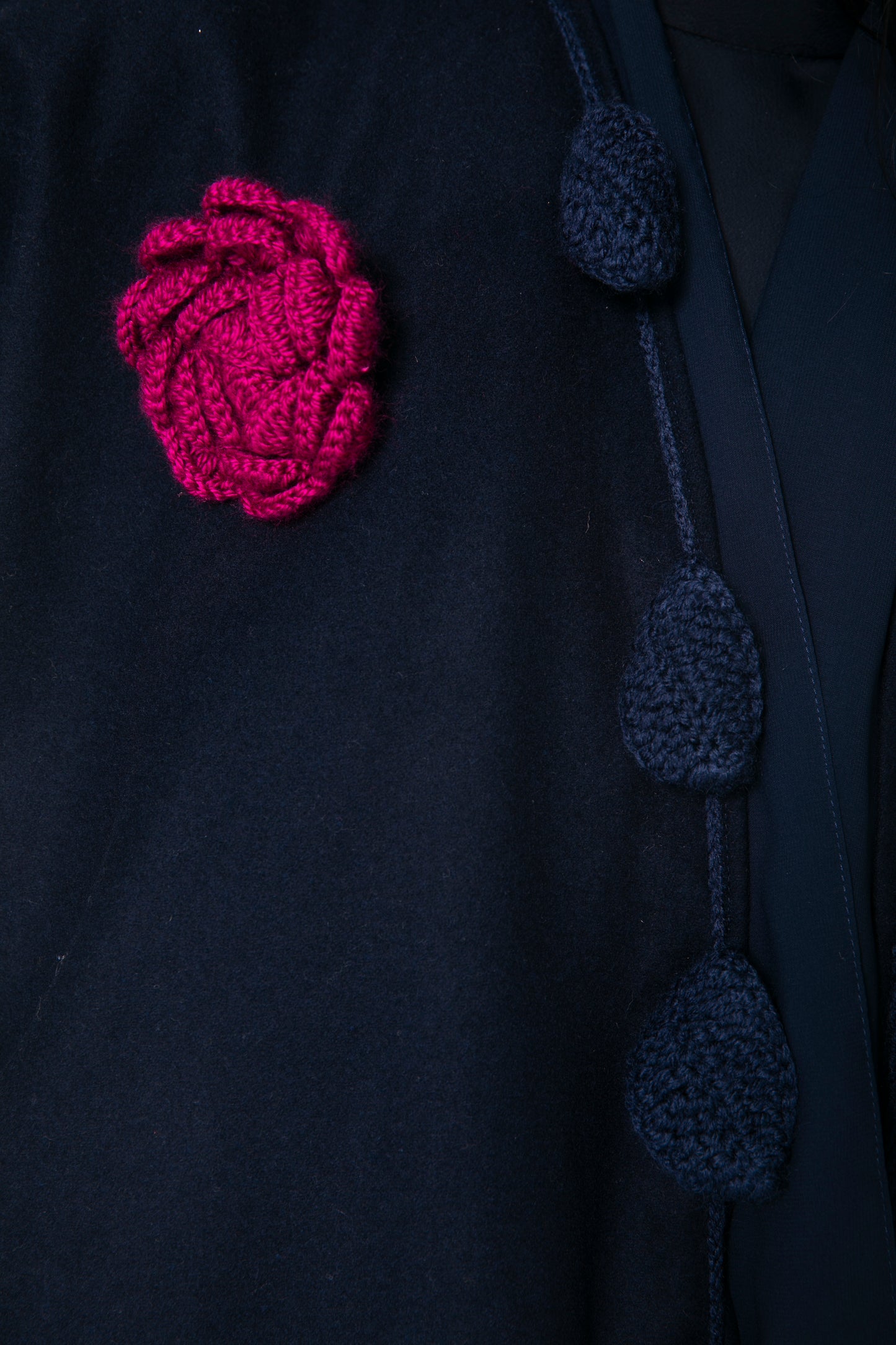 Navy Blue wool coat with handmade crochet leaves and flower