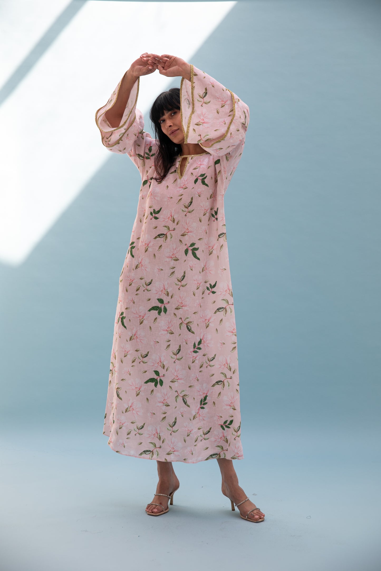 Linen Printed Kaftan with handmade beads embroidery