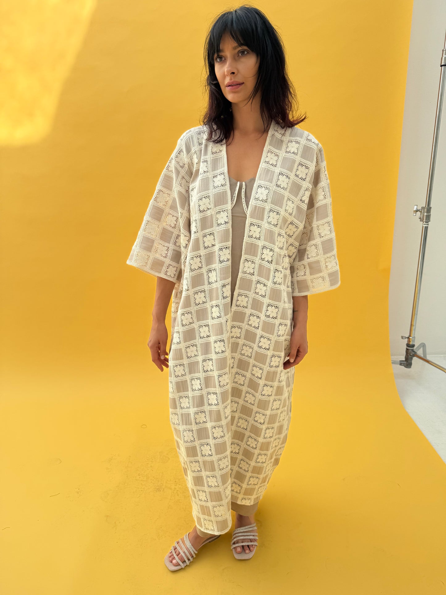 Crochet abaya set with grey linen dress - Grey