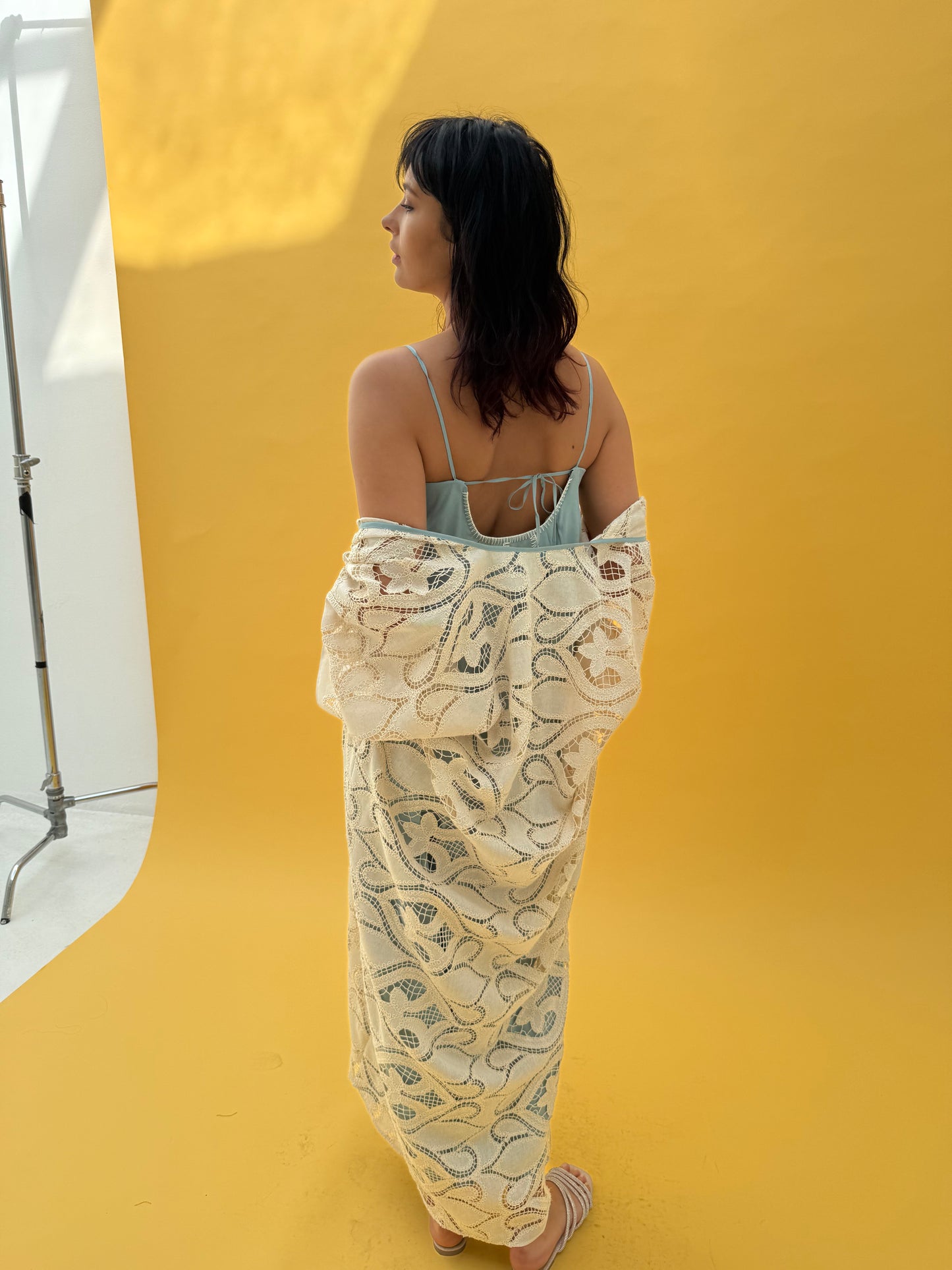 Crochet Abaya set with blue inner dress - Beige
