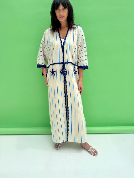 Seaworld Drop- Oatmeal linen abaya with blue handmade crochet