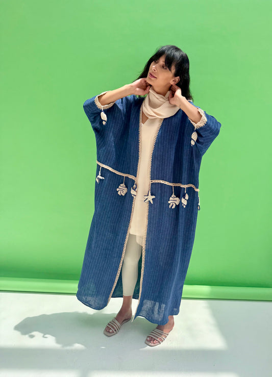 Seaworld Drop - Denim linen abaya with handmade crochet