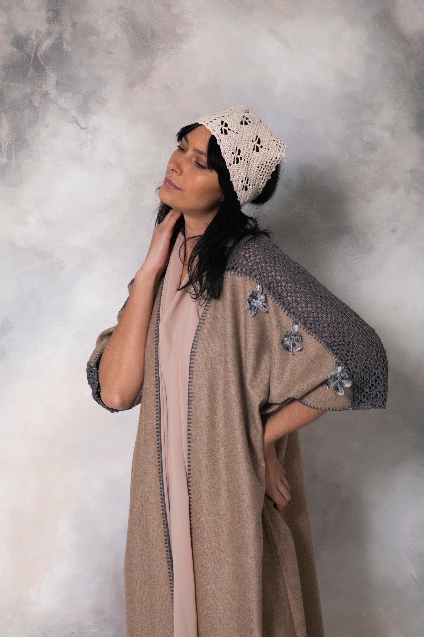 Brown wool coat with handmade crochet
